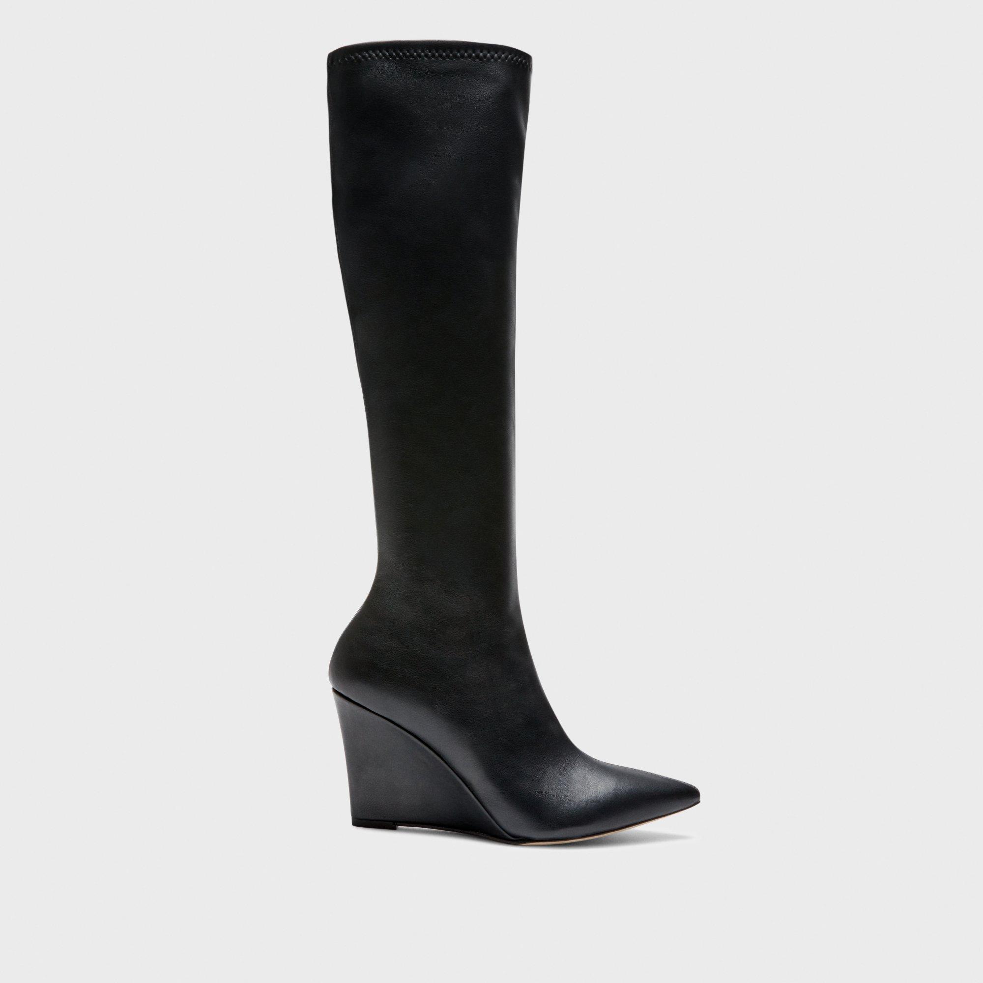 Knee-High Wedge Boot in Leather - Black - Gifts for Her