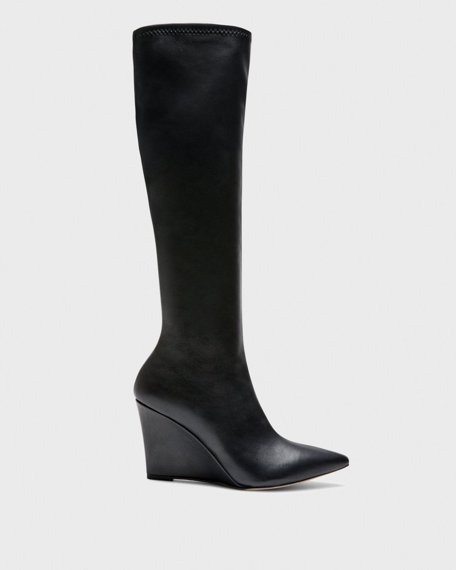 Knee-High Wedge Boot in Leather - Black - Gifts for Her