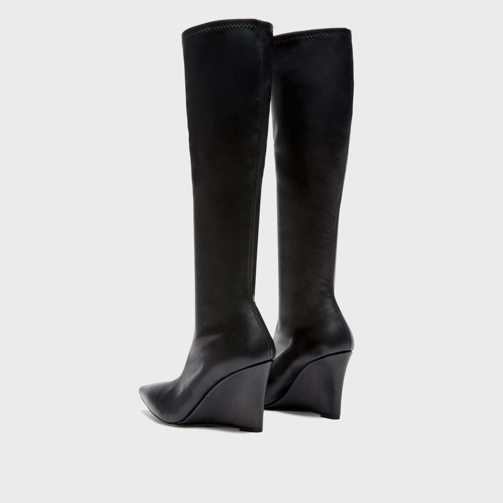 Knee-High Wedge Boot in Leather - Black - Gifts for Her