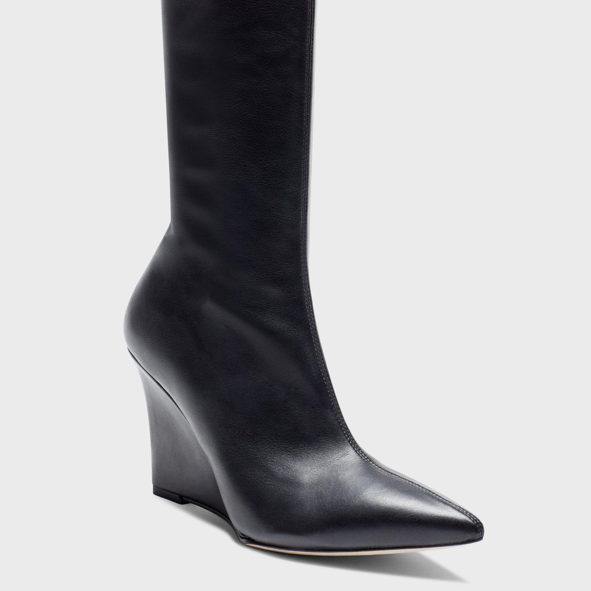 Knee-High Wedge Boot in Leather - Black - Gifts for Her