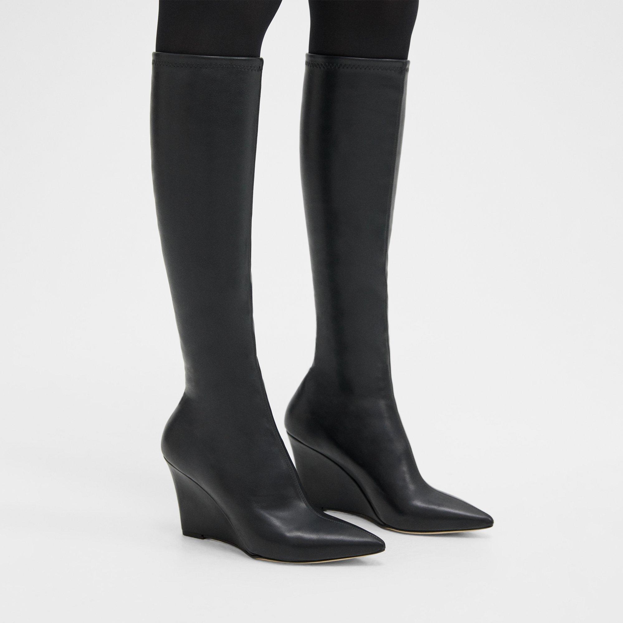 Black knee high boots cheap wedge heel