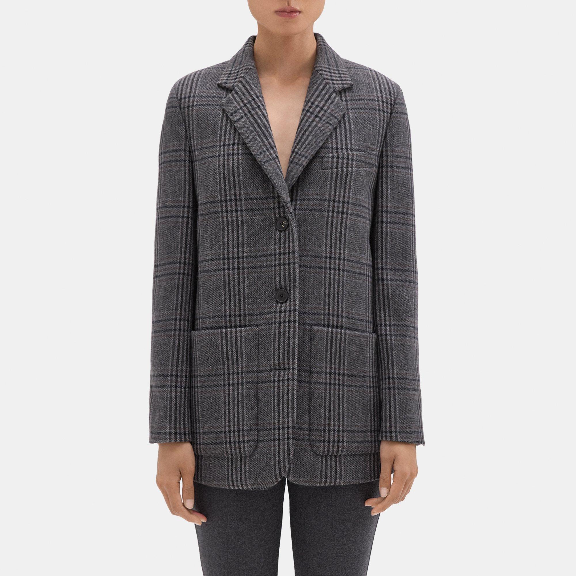 Theory Elbow-Patch Blazer in Plaid Wool-Blend Flannel