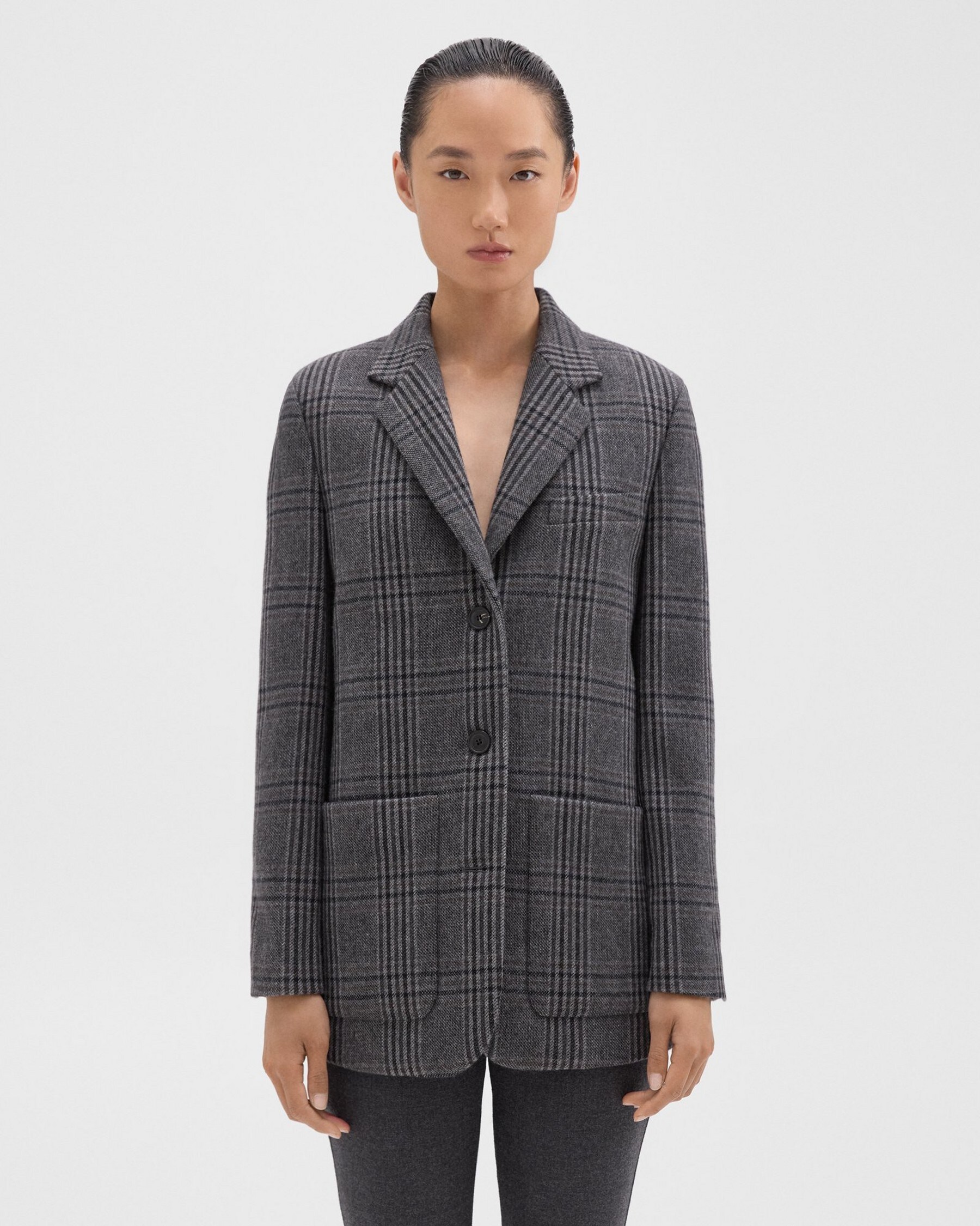 Theory Elbow-Patch Blazer in Plaid Wool-Blend Flannel