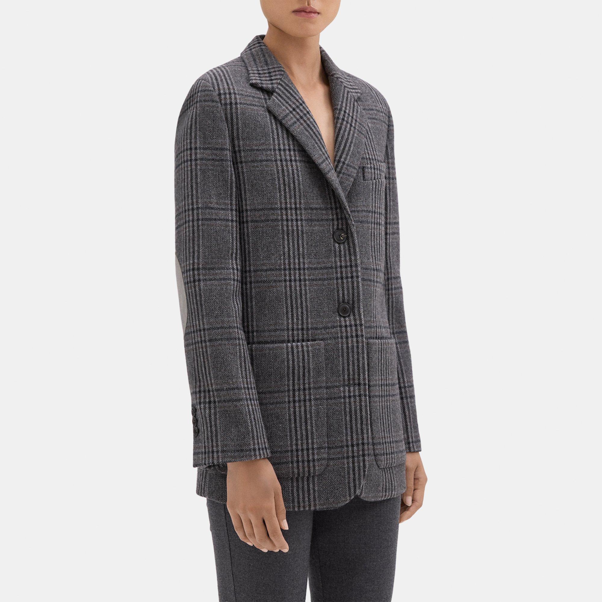 Elbow-Patch Blazer in Plaid Wool-Blend Flannel