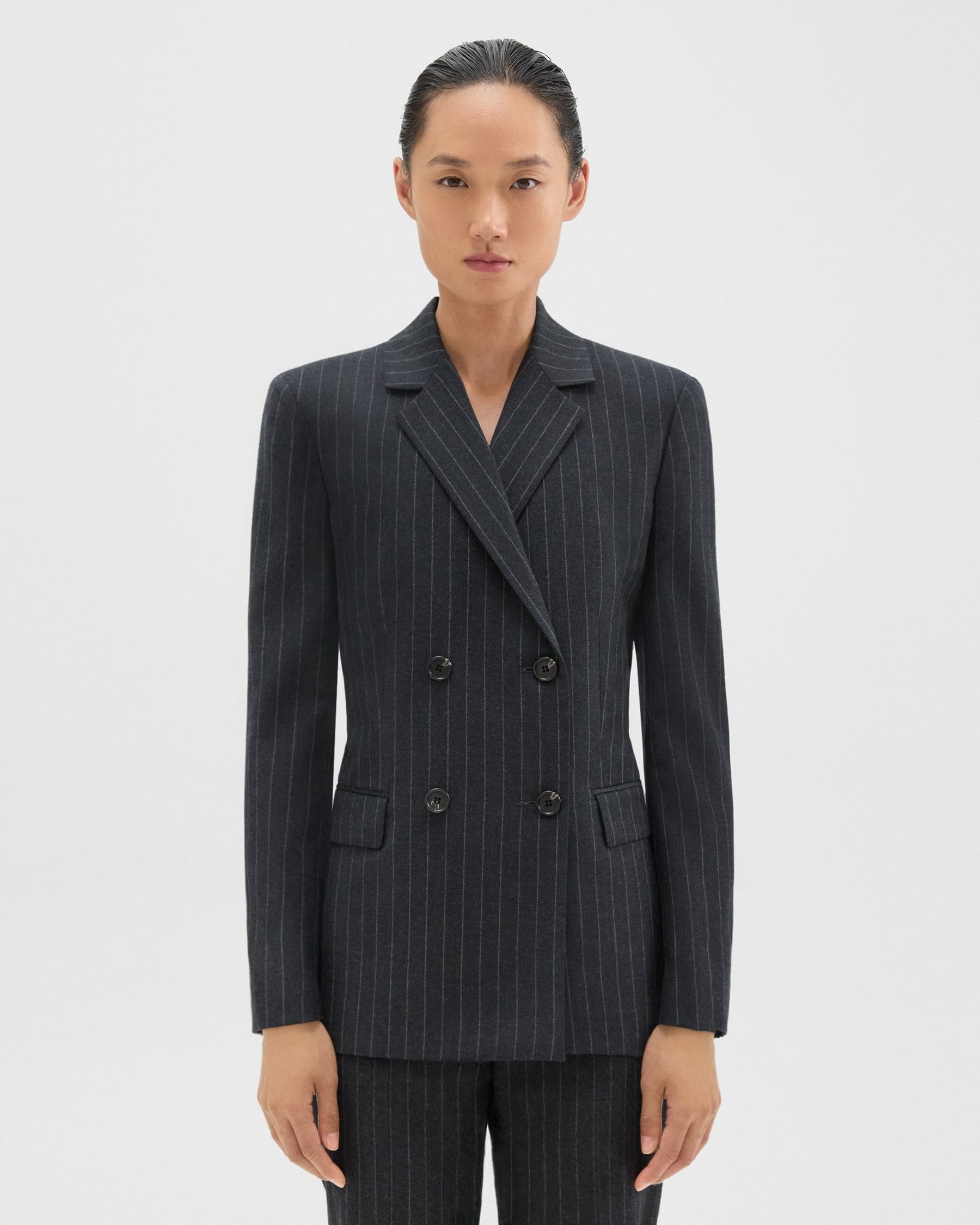 Theory Double-Breasted Slim Blazer in Pinstripe Wool Flannel