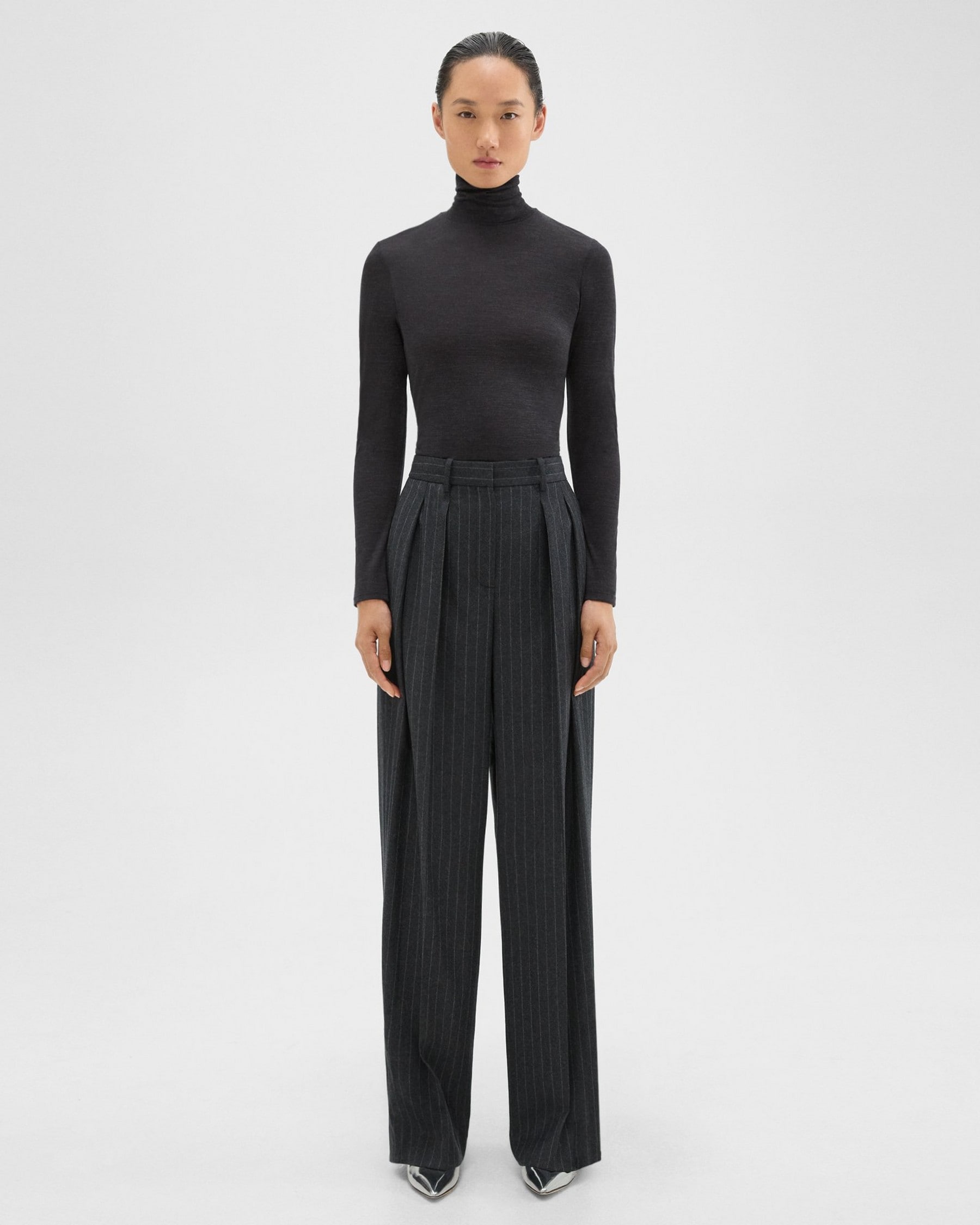 Theory Double Pleat Pant in Pinstripe Wool Flannel