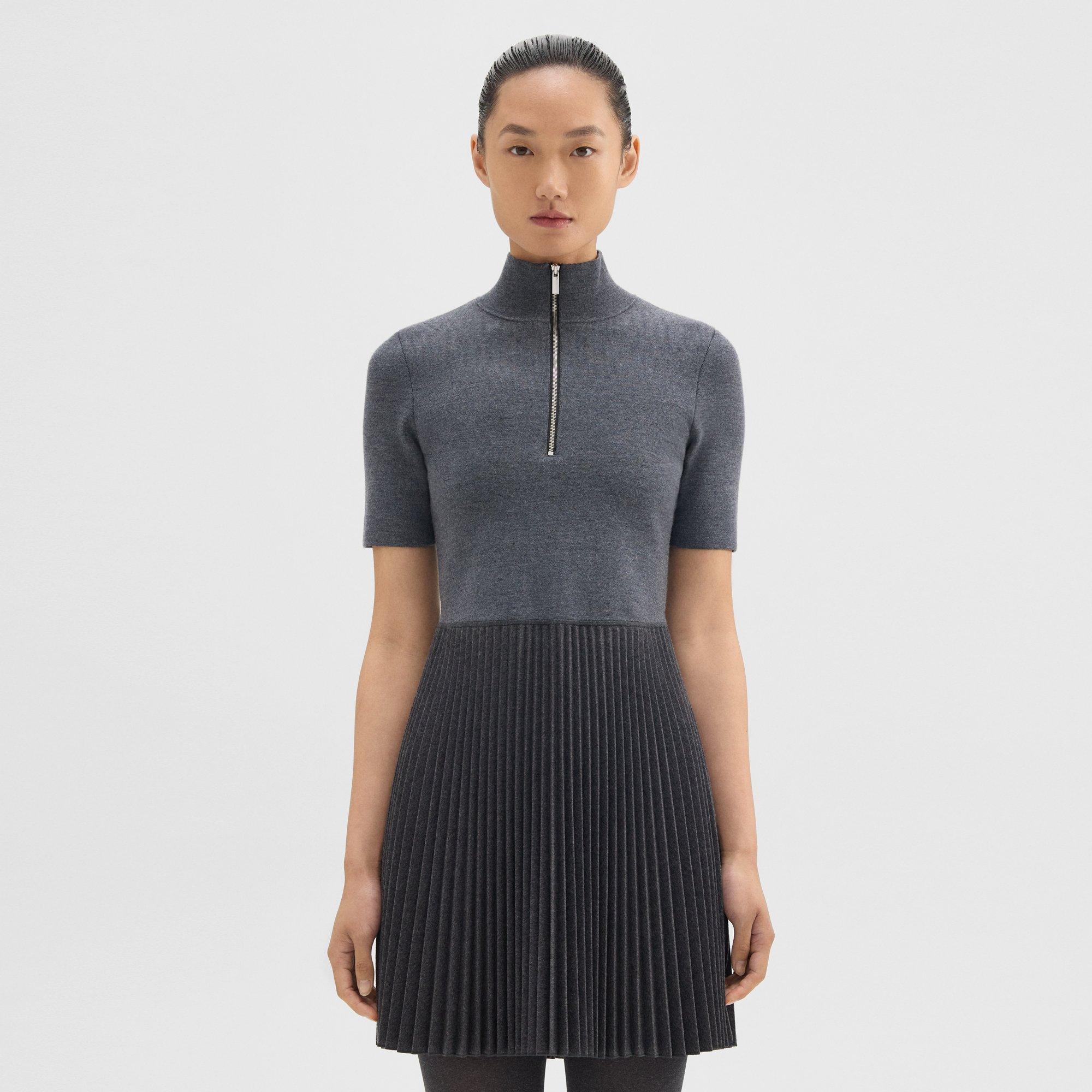 Theory Zip-Up Combo Dress in Blended Wool Flannel