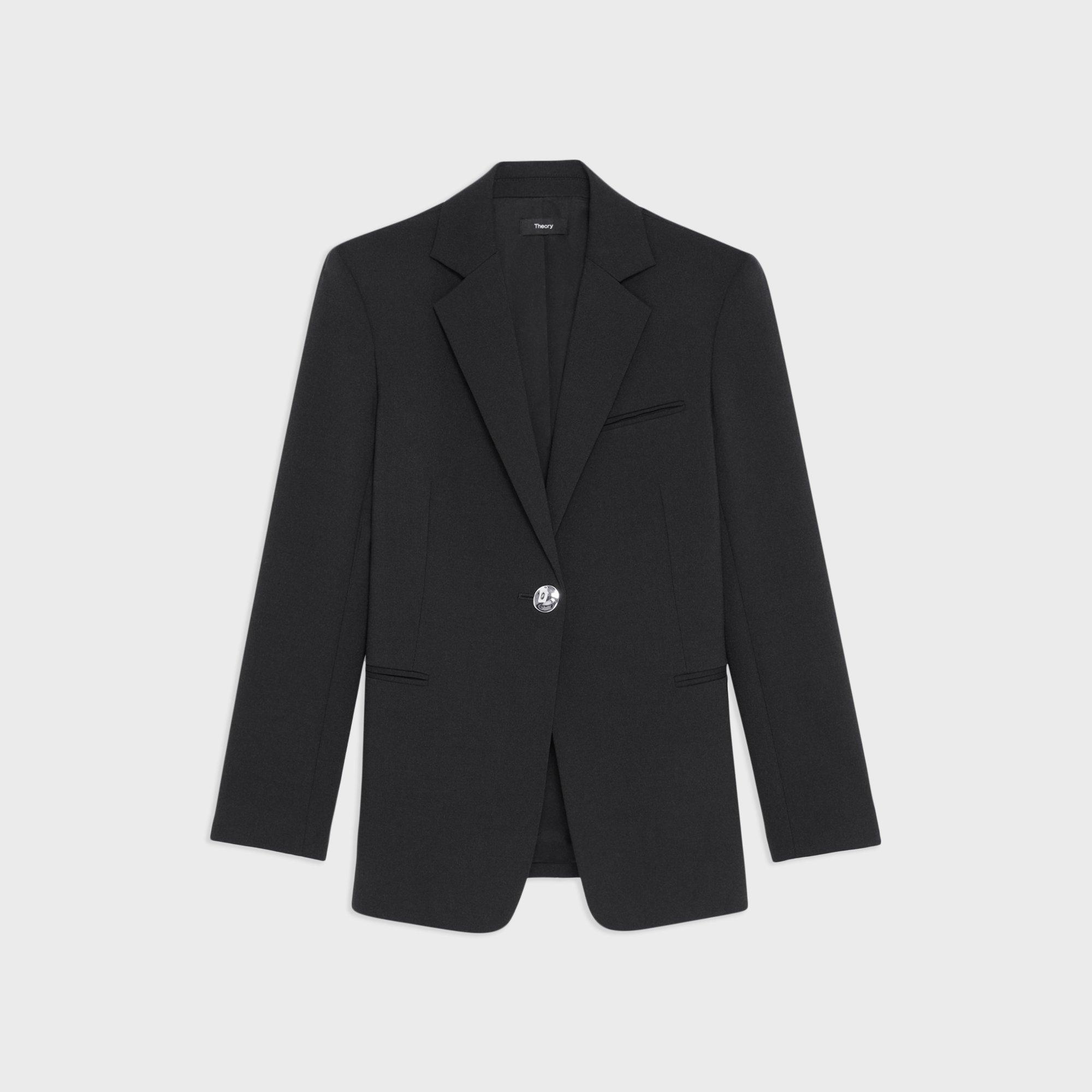 Slim Black Asymmetrical Double Breasted Wool-blend Modern Tech Blazer