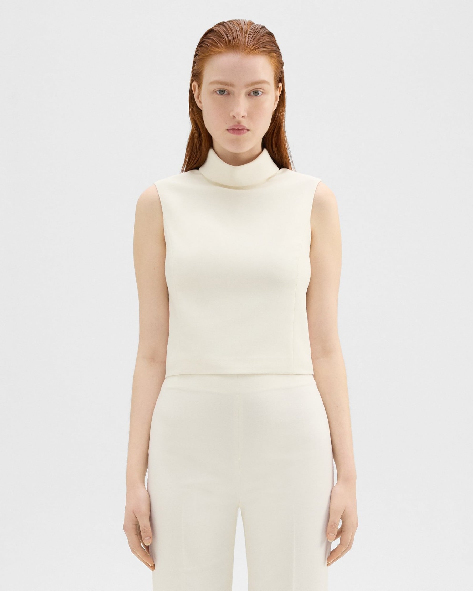 Theory Cropped Roll Neck Top in Double Weave