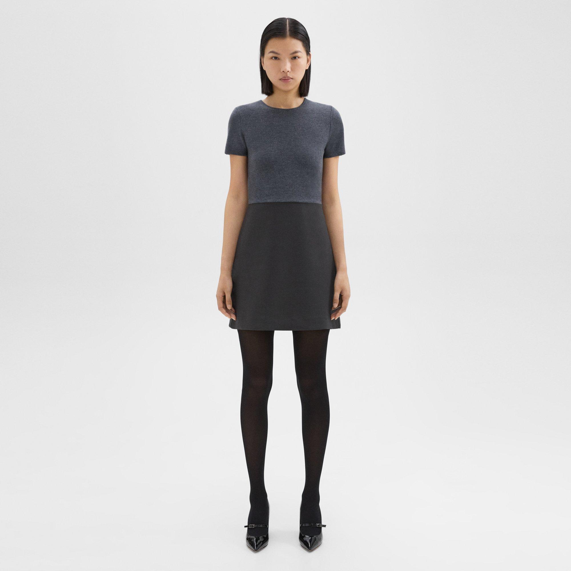 Theory Short-Sleeve Combo Dress in Double Weave