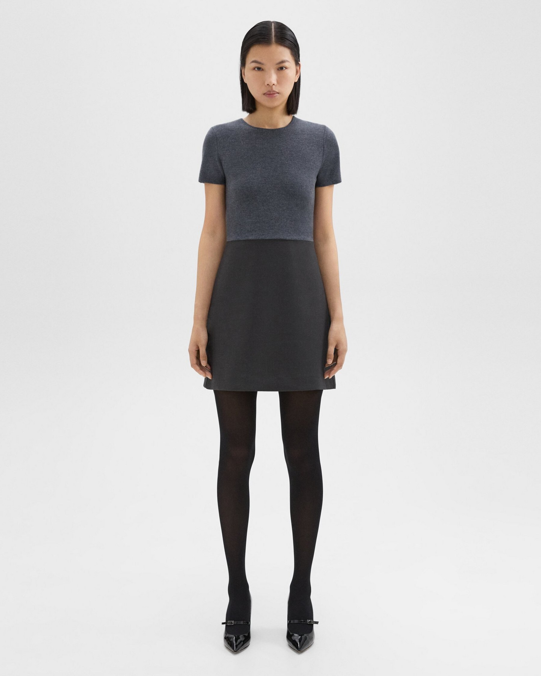 Theory Short-Sleeve Combo Dress in Double Weave