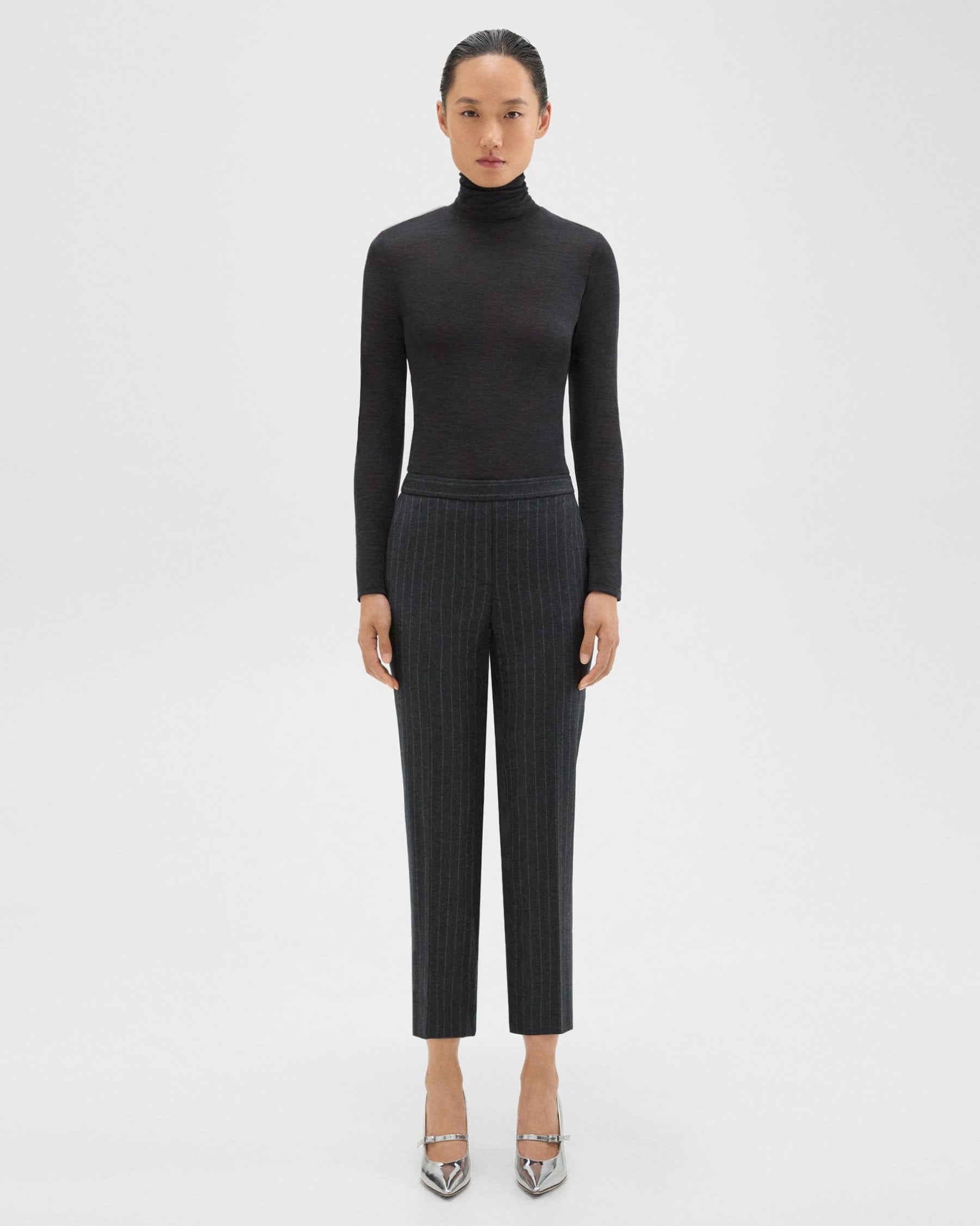 Theory Treeca Pull-On Pant in Pinstripe Wool Flannel