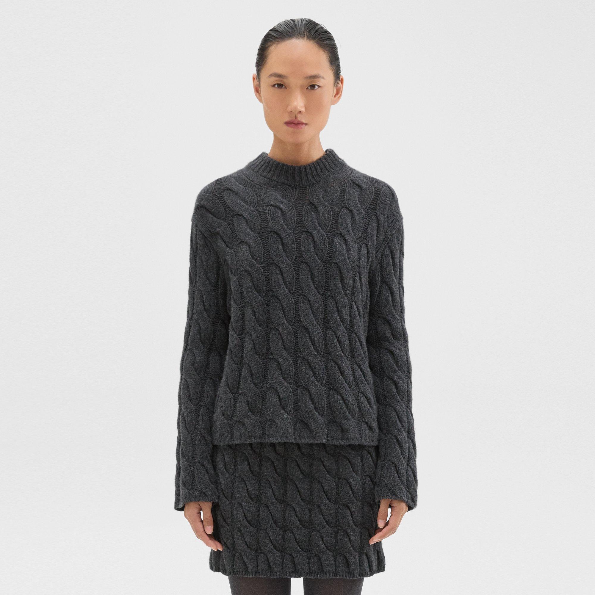 Theory Cable Knit Mock Neck Sweater in Felted Wool-Cashmere