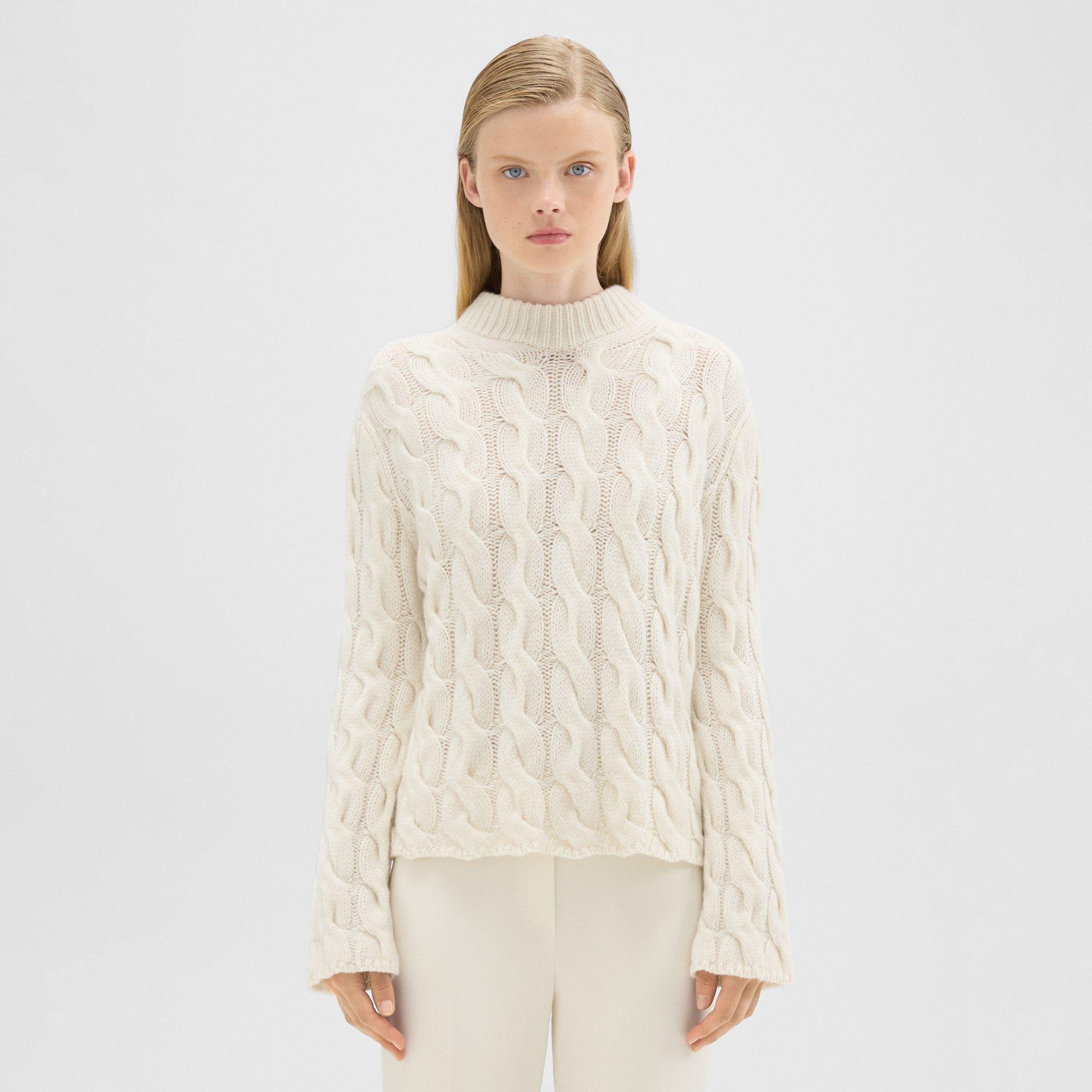 Theory Cable Knit Mock Neck Sweater in Felted Wool-Cashmere