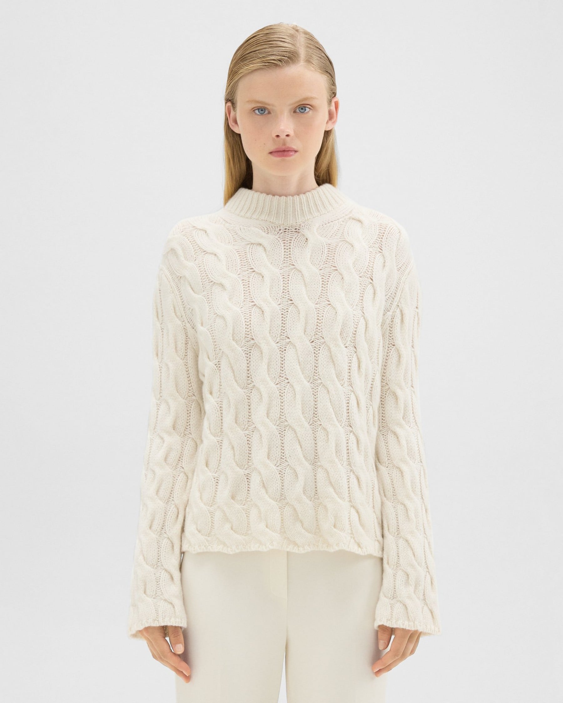 Theory Cable Knit Mock Neck Sweater in Felted Wool-Cashmere