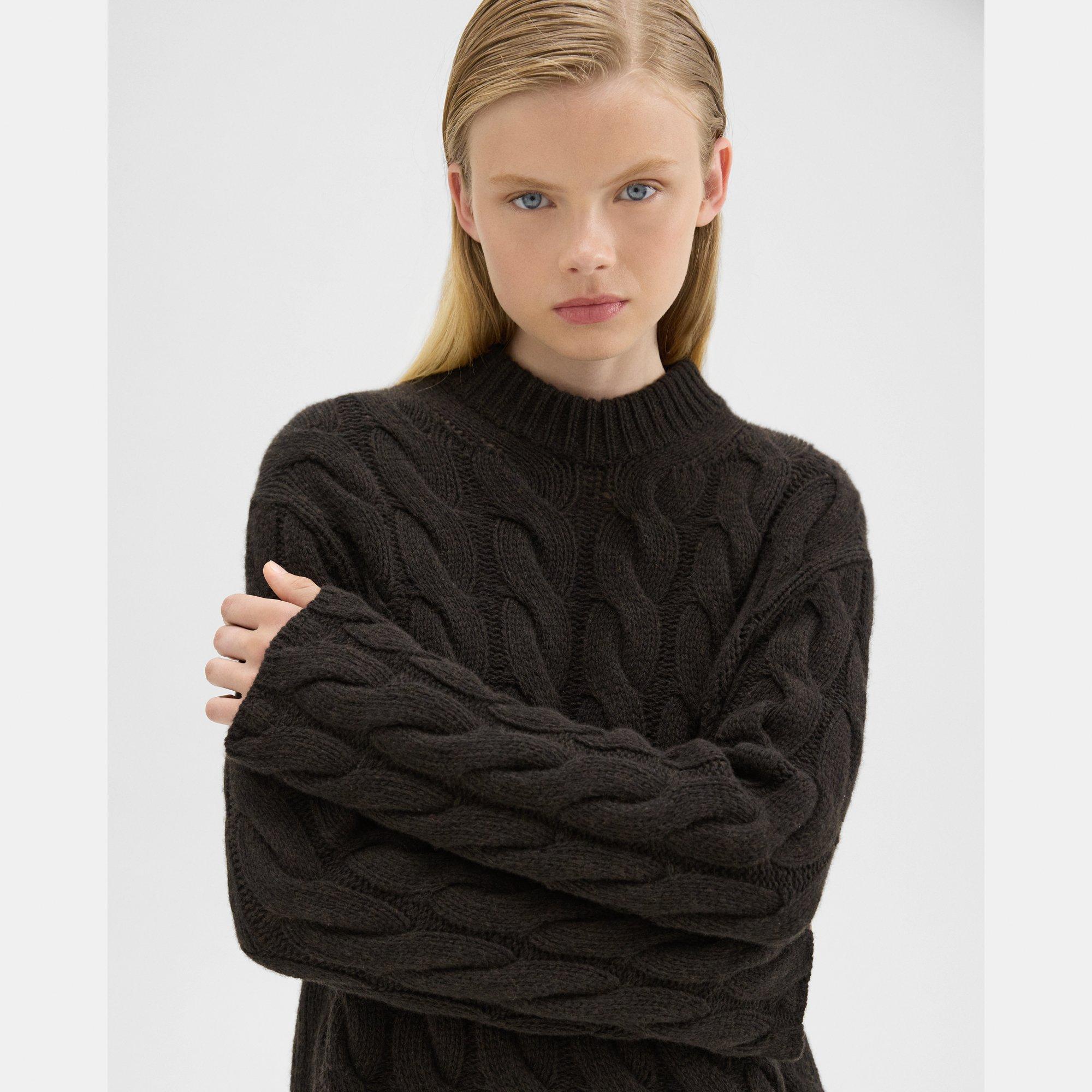 Cable Knit Mock Neck Sweater in Felted Wool-Cashmere