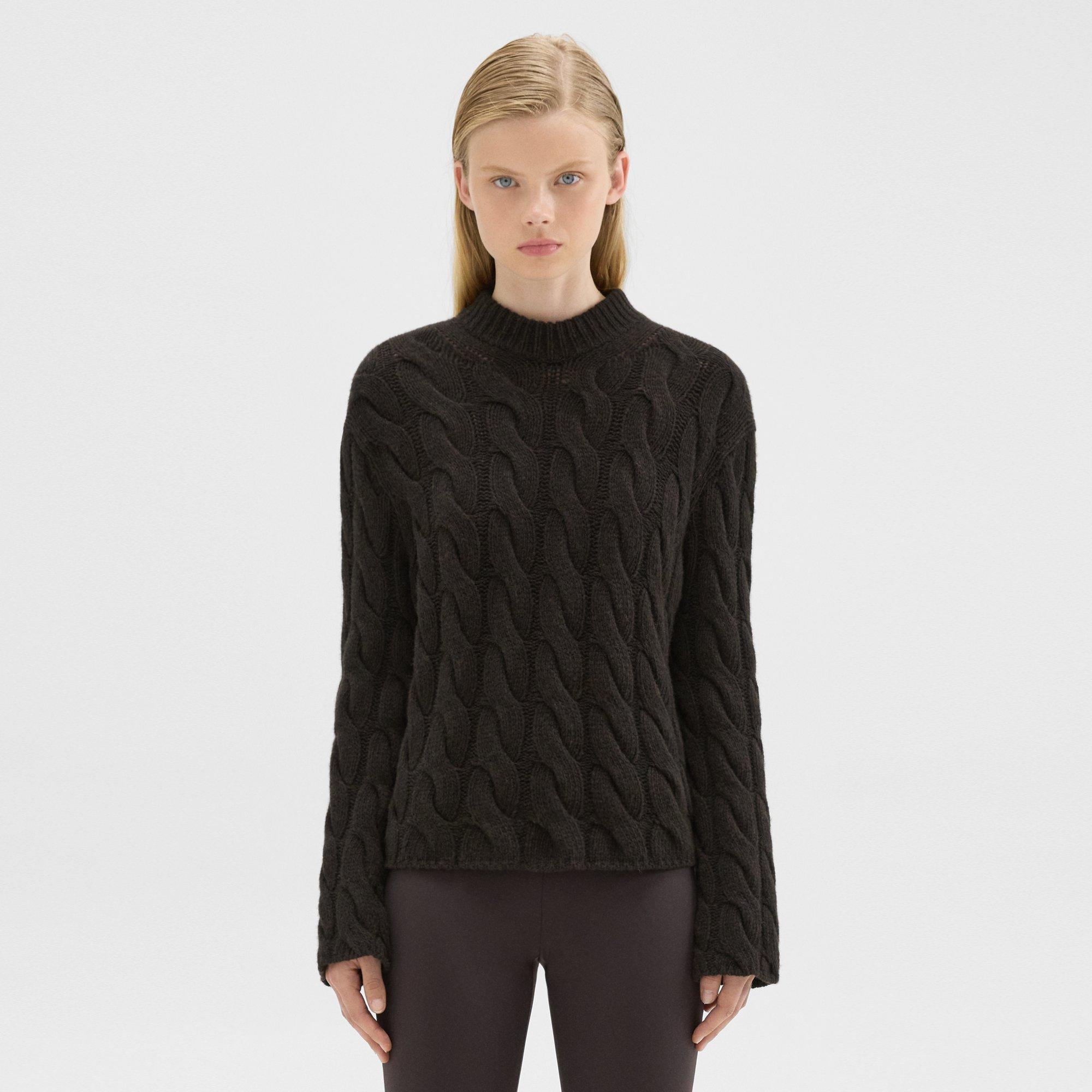 Cable Knit Mock Neck Sweater in Felted Wool-Cashmere