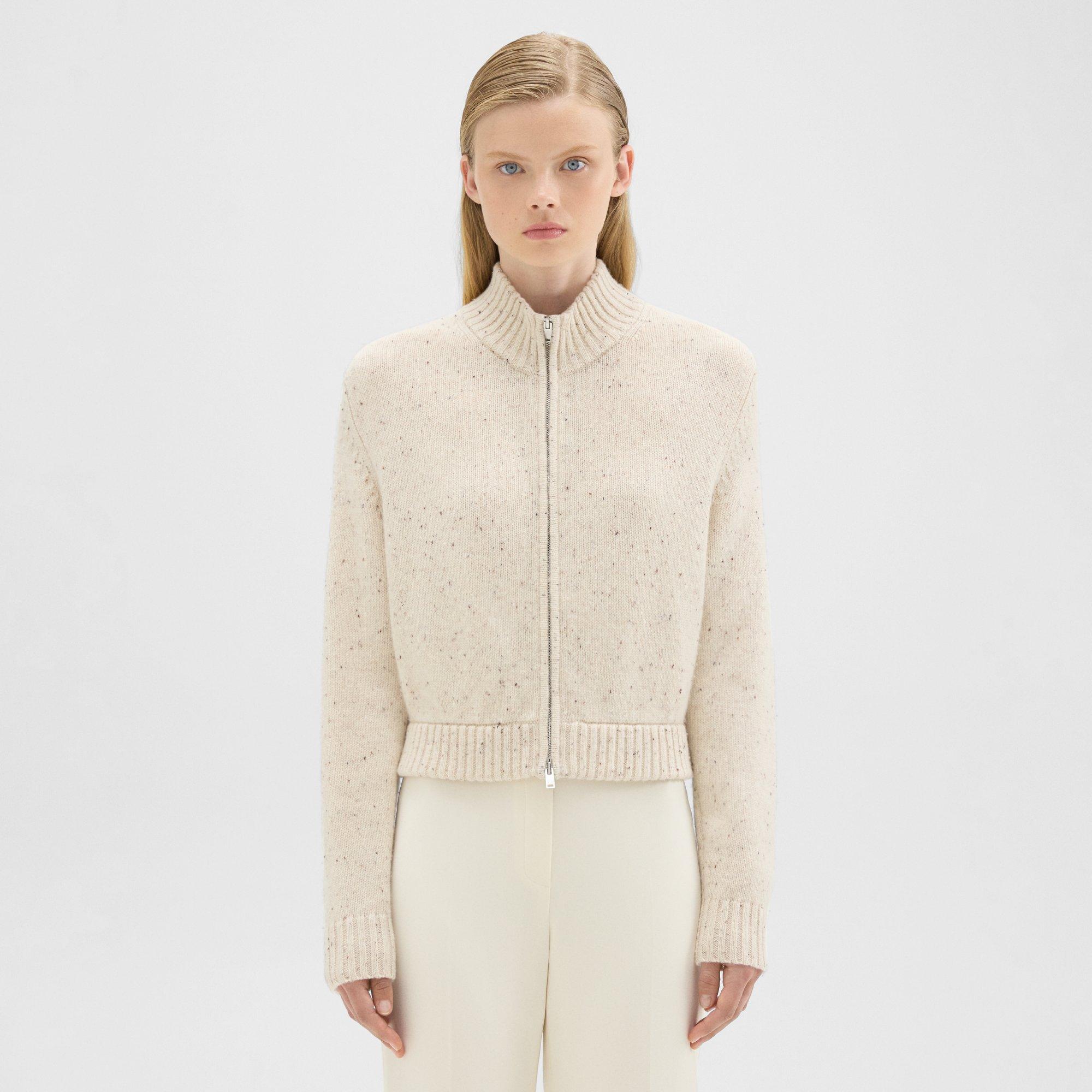 Theory Mock Neck Zip-Up Cardigan in Donegal Wool-Cashmere