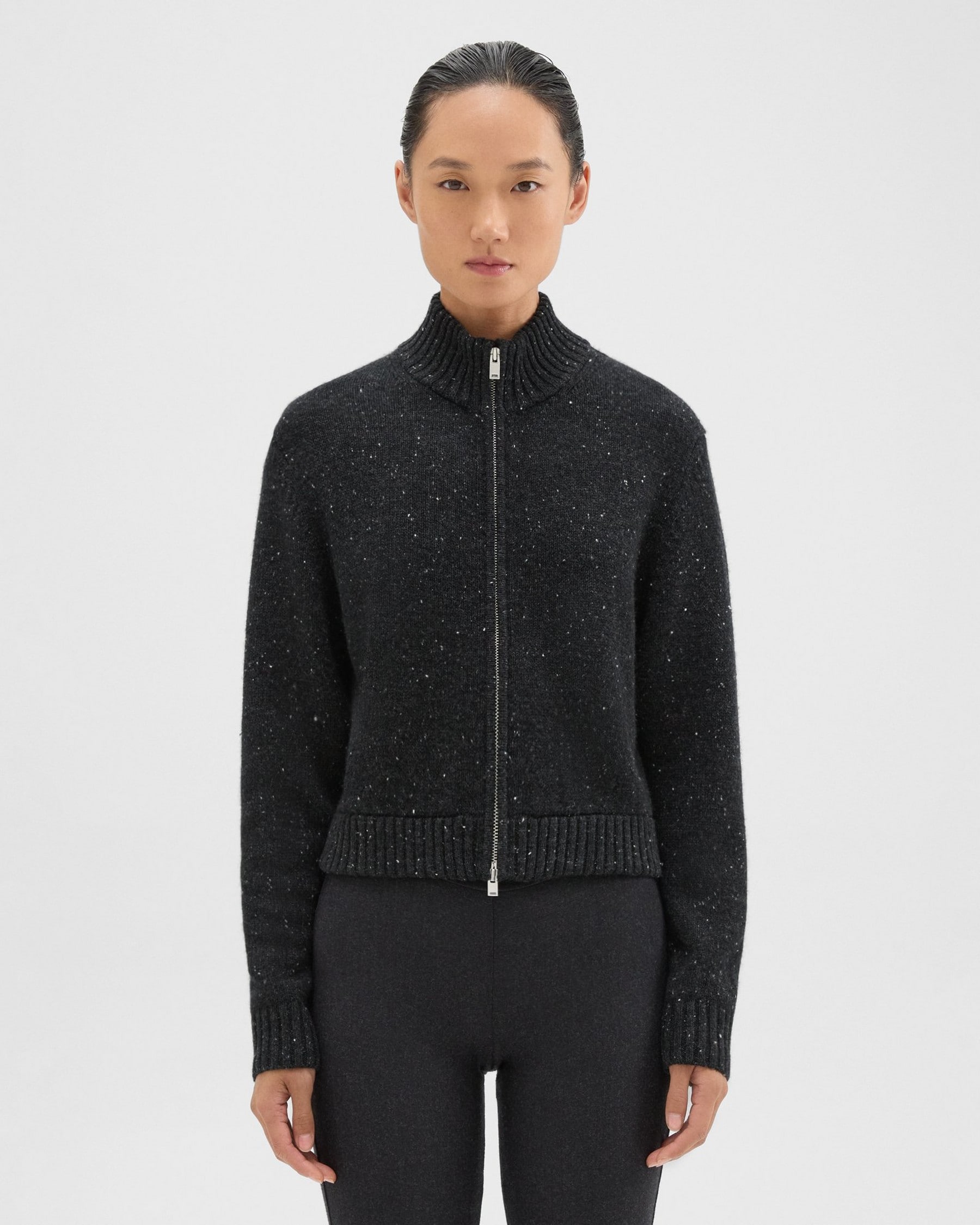 Theory Mock Neck Zip-Up Cardigan in Donegal Wool-Cashmere