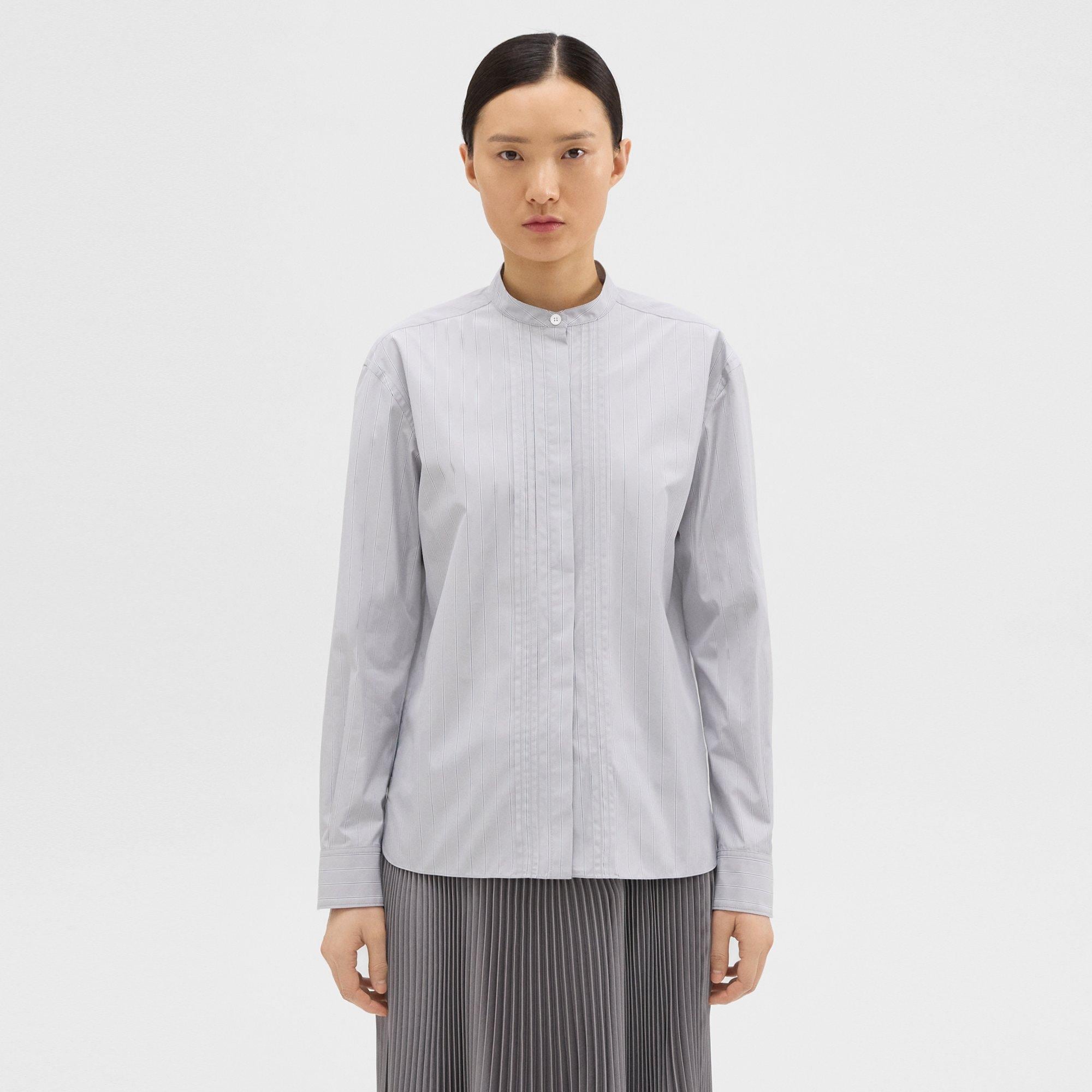 Theory Striped Cotton-Blend Band Collar Shirt