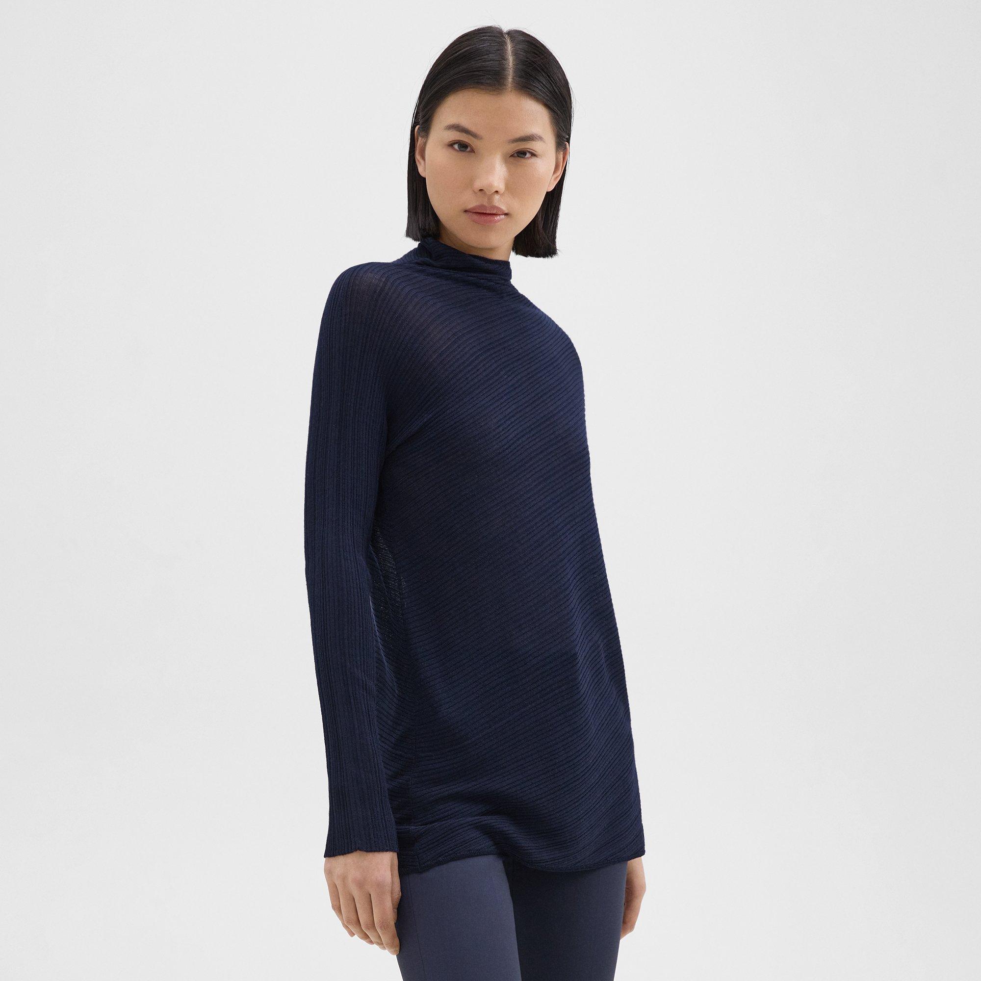 Ribbed Mock Neck Sweater in Wool-Viscose Crepe