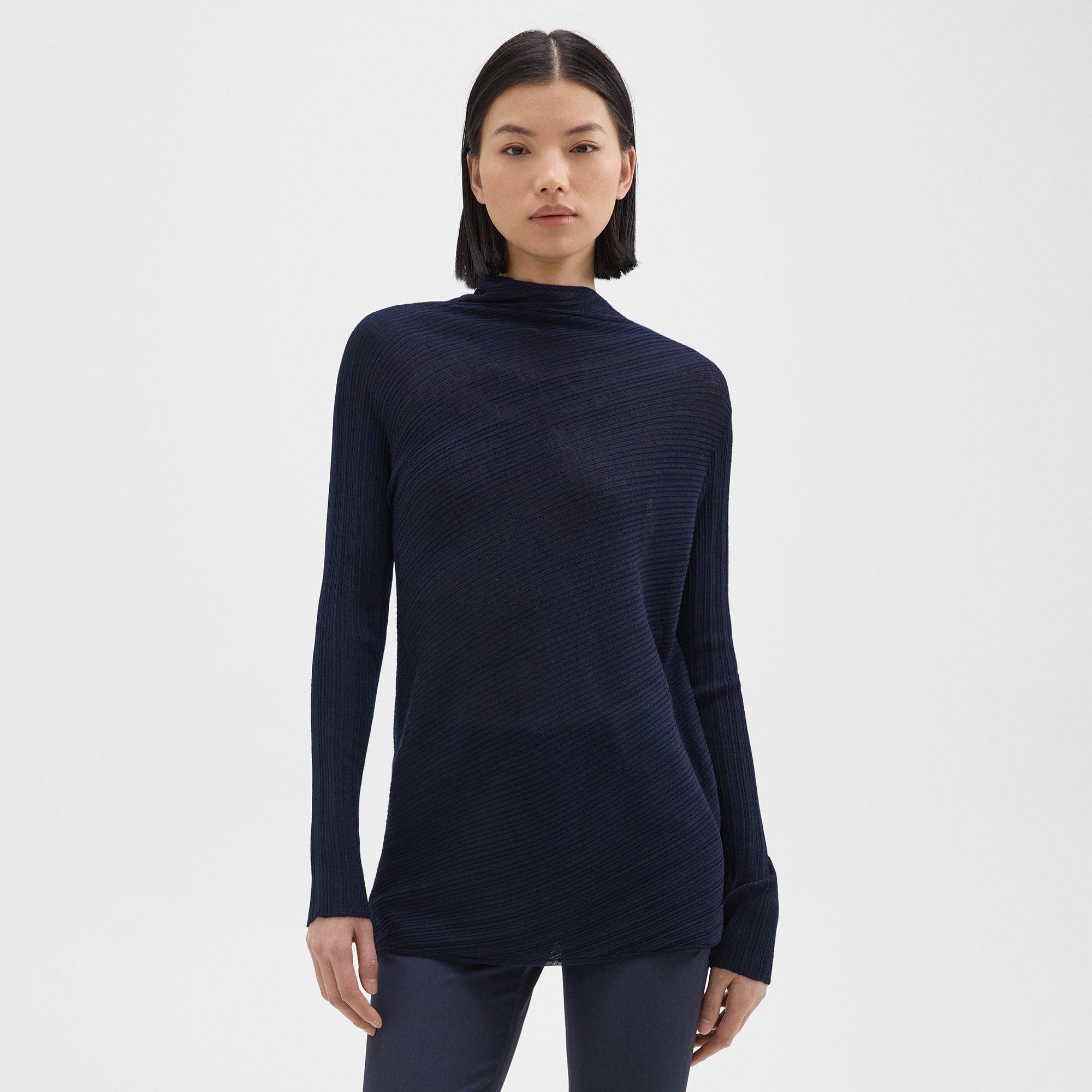 Ribbed Mock Neck Sweater in Wool-Viscose Crepe