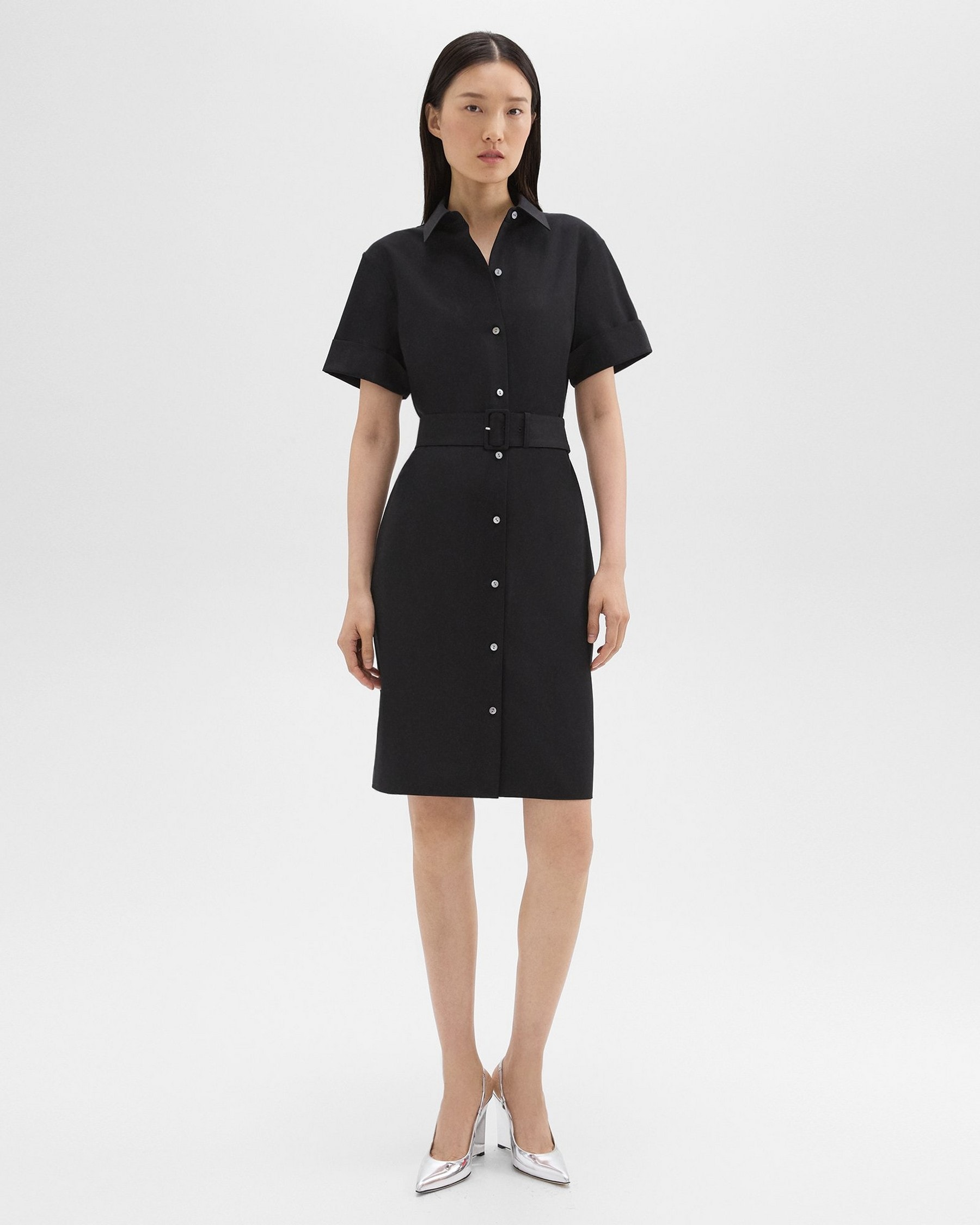 Belted Shirt Dress in Stretch Wool