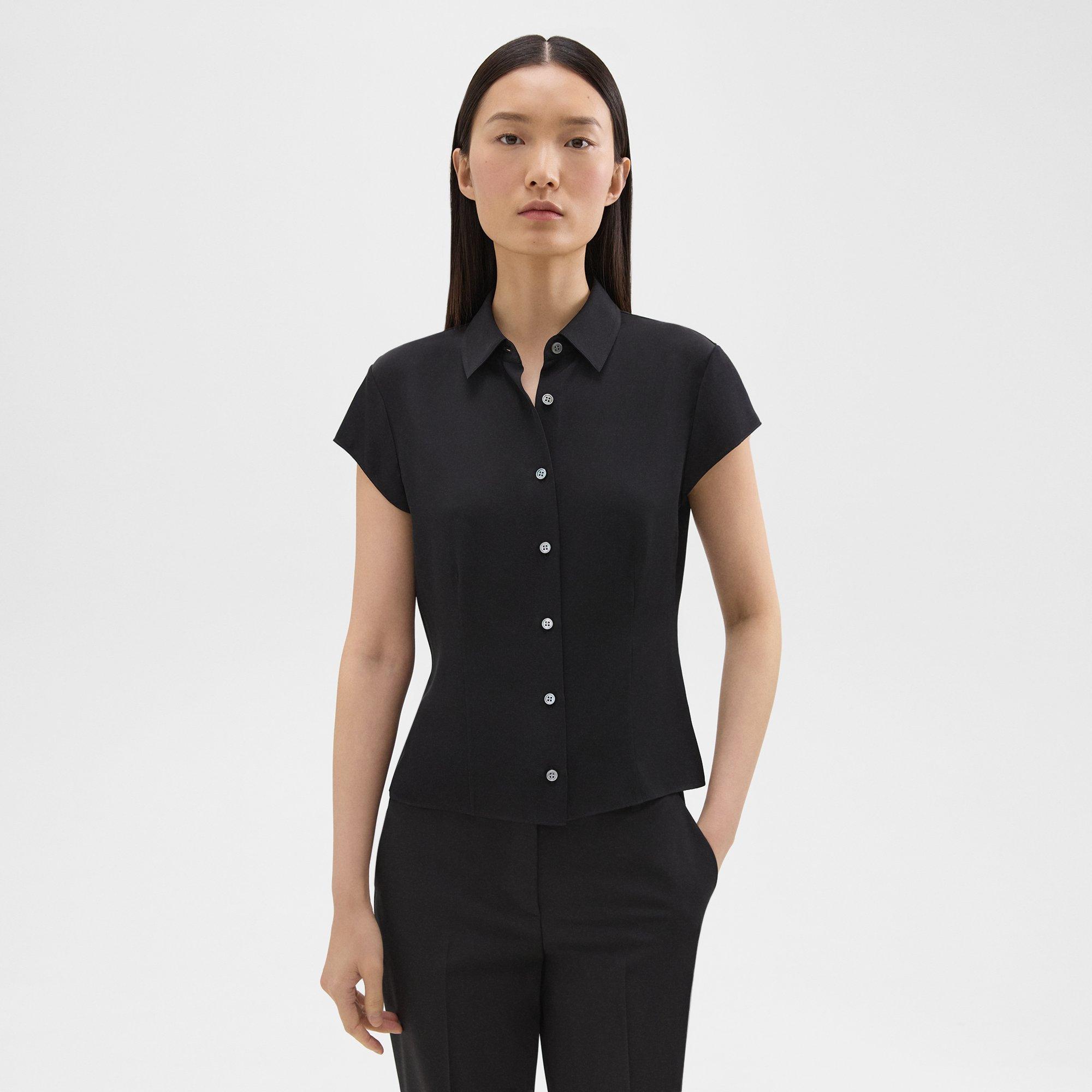 띠어리 Theory Cap Sleeve Shirt in Silk Georgette,BLACK