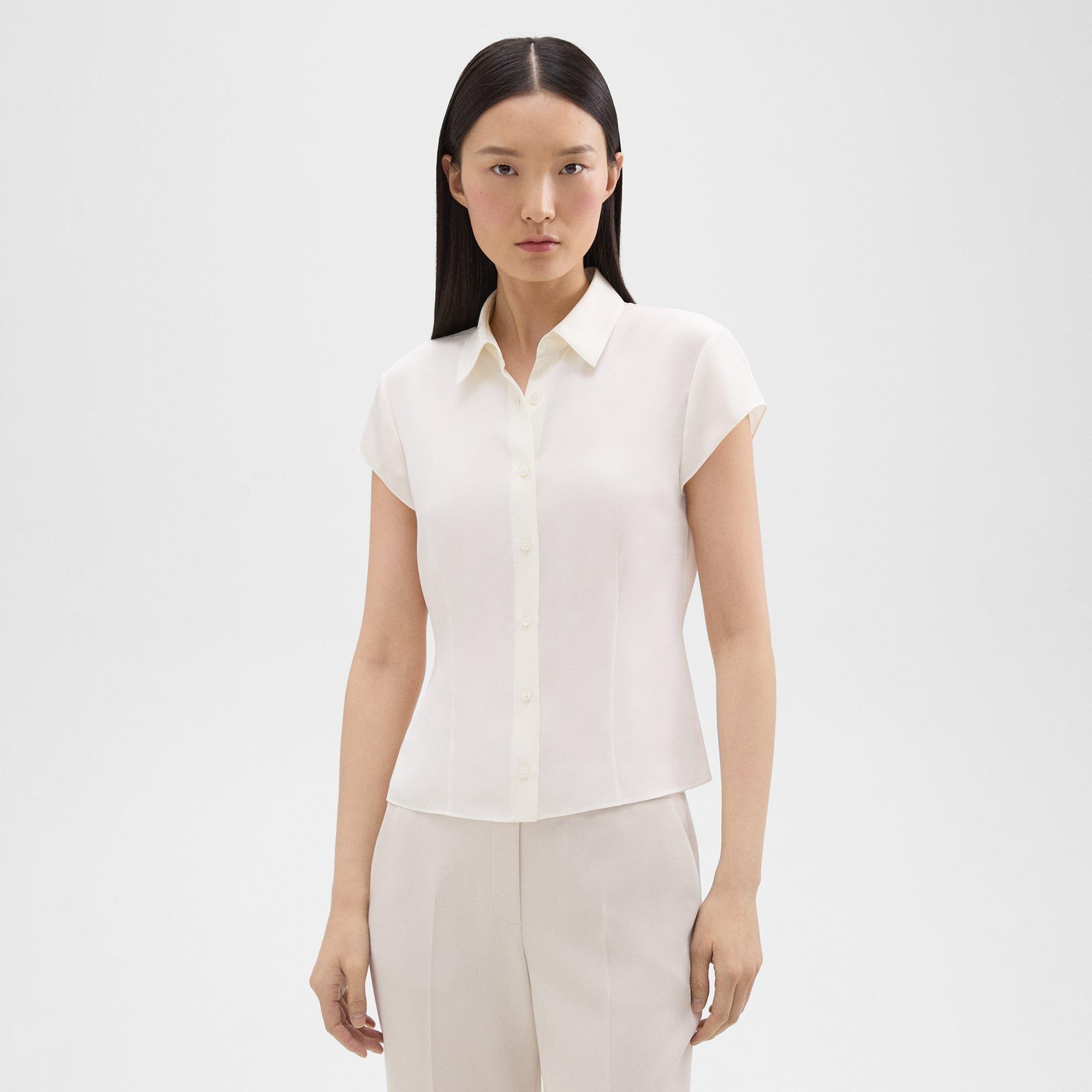 띠어리 Theory Cap Sleeve Shirt in Silk Georgette,IVORY