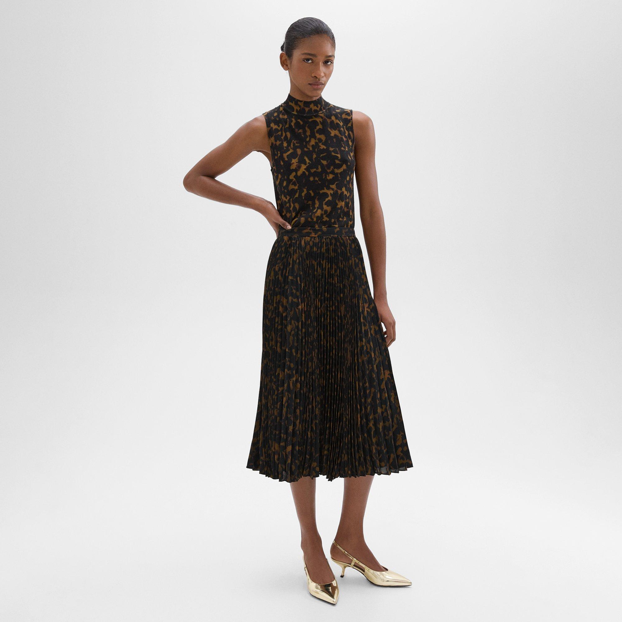 Pleated Midi Skirt in Tortoiseshell Printed Georgette