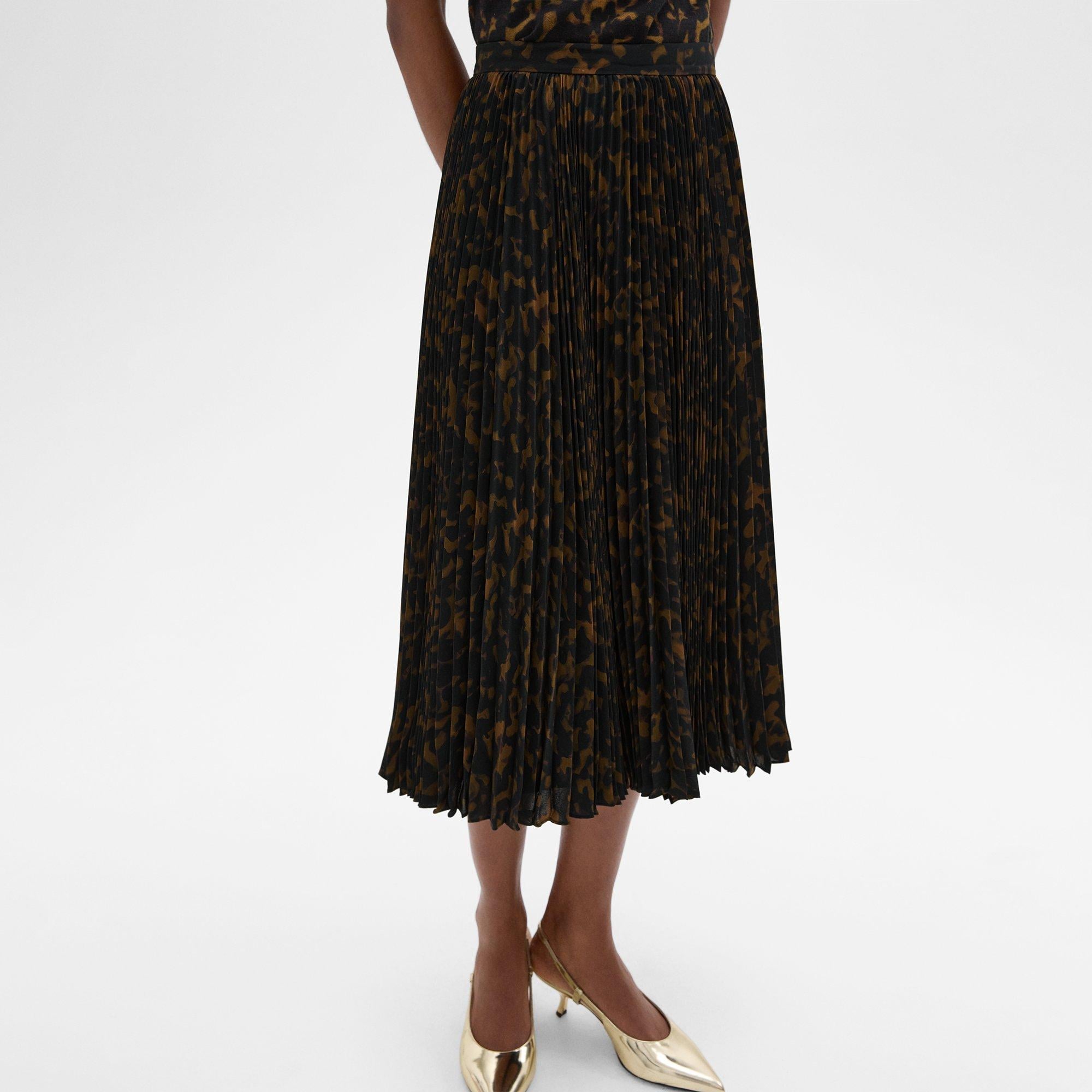 Pleated Midi Skirt in Tortoiseshell Printed Georgette