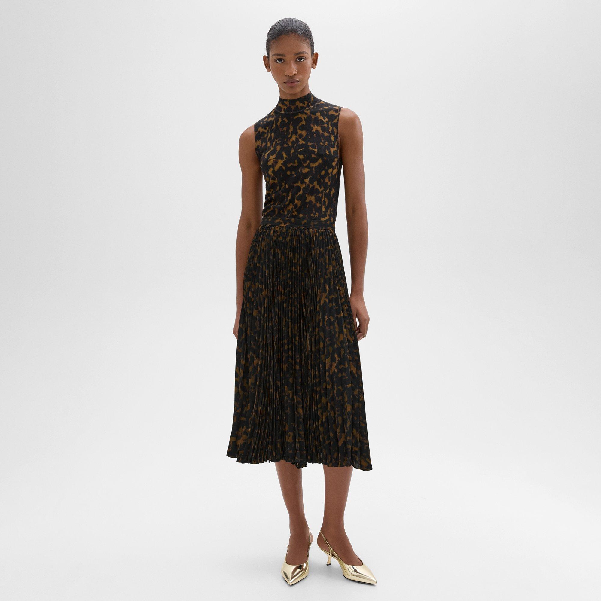 띠어리 Theory Pleated Midi Skirt in Tortoiseshell Printed Georgette,DARK BROWN MULTI