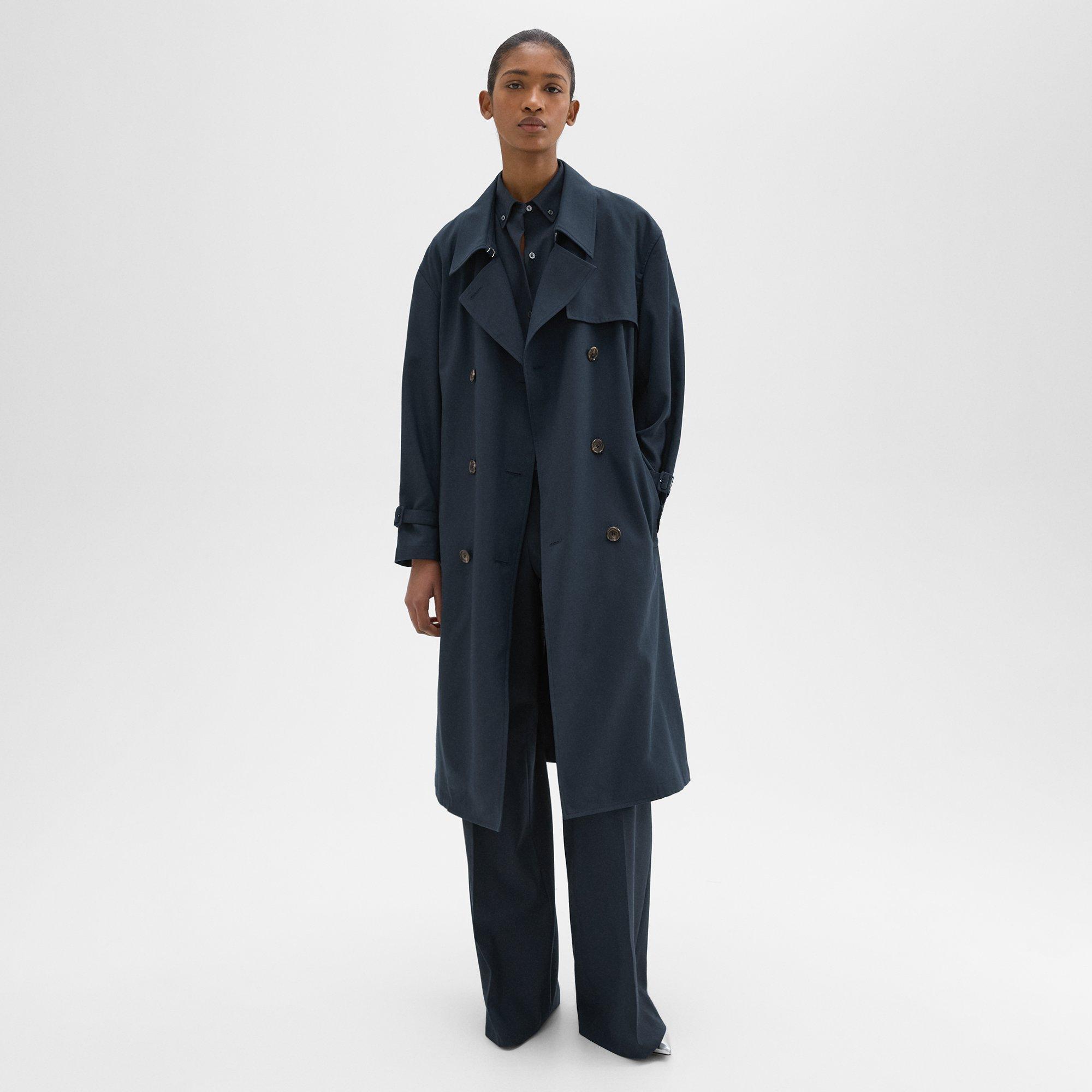 띠어리 Theory Double-Breasted Trench Coat in Oxford Wool,NOCTURNE NAVY