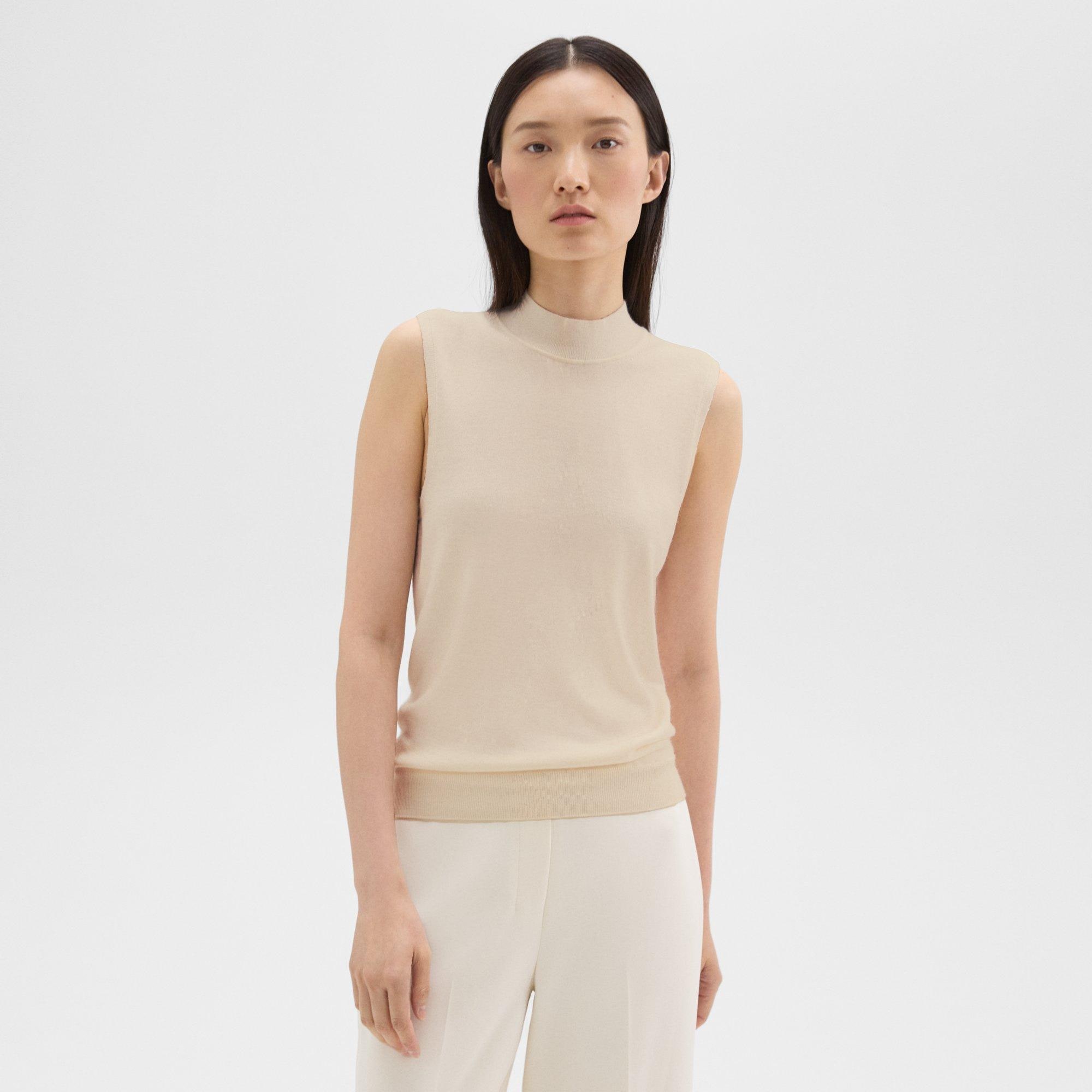 띠어리 Theory Mock Neck Sweater Shell in Regal Wool,ECRU