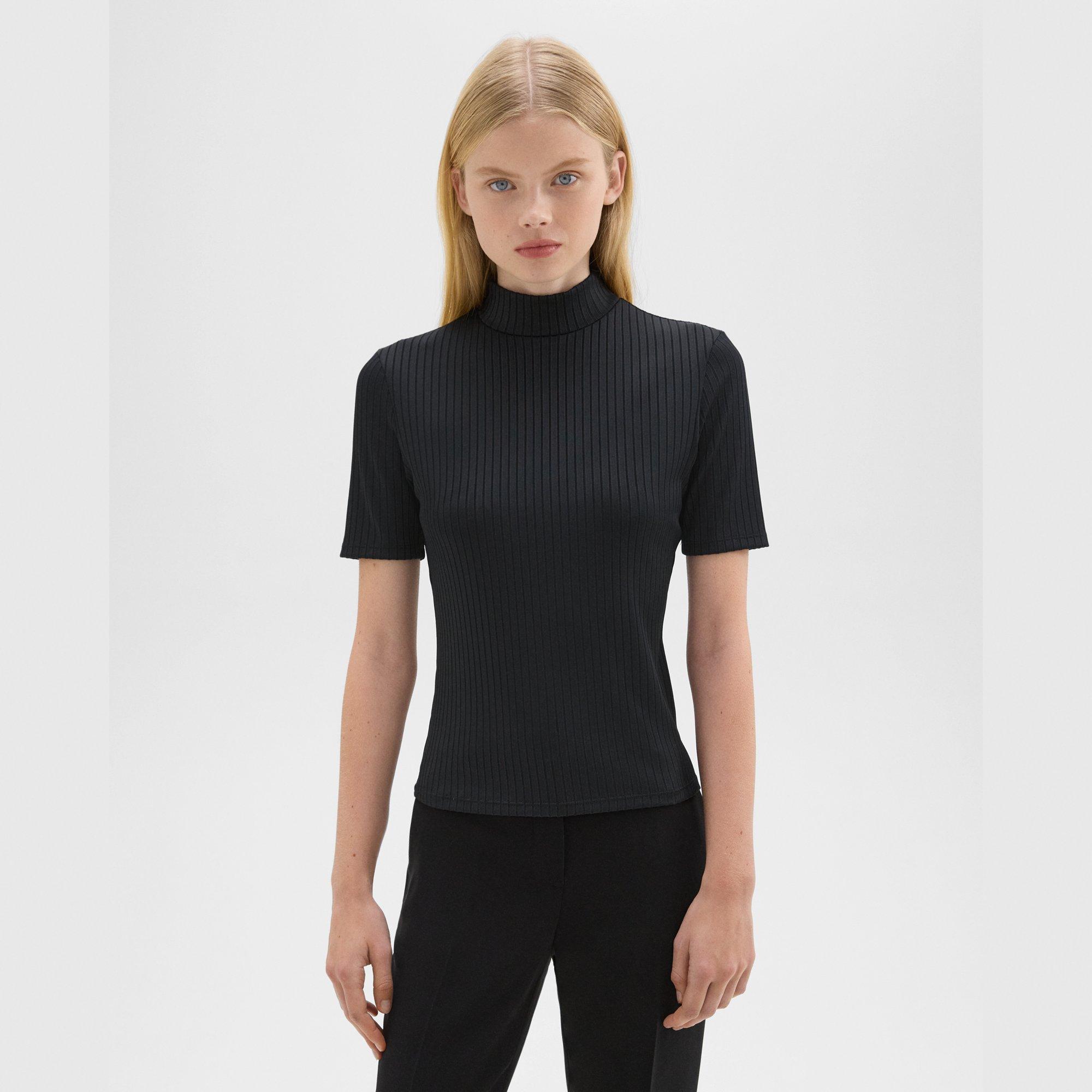 띠어리 Theory Mock Neck Short-Sleeve Top in Rib Knit,BLACK