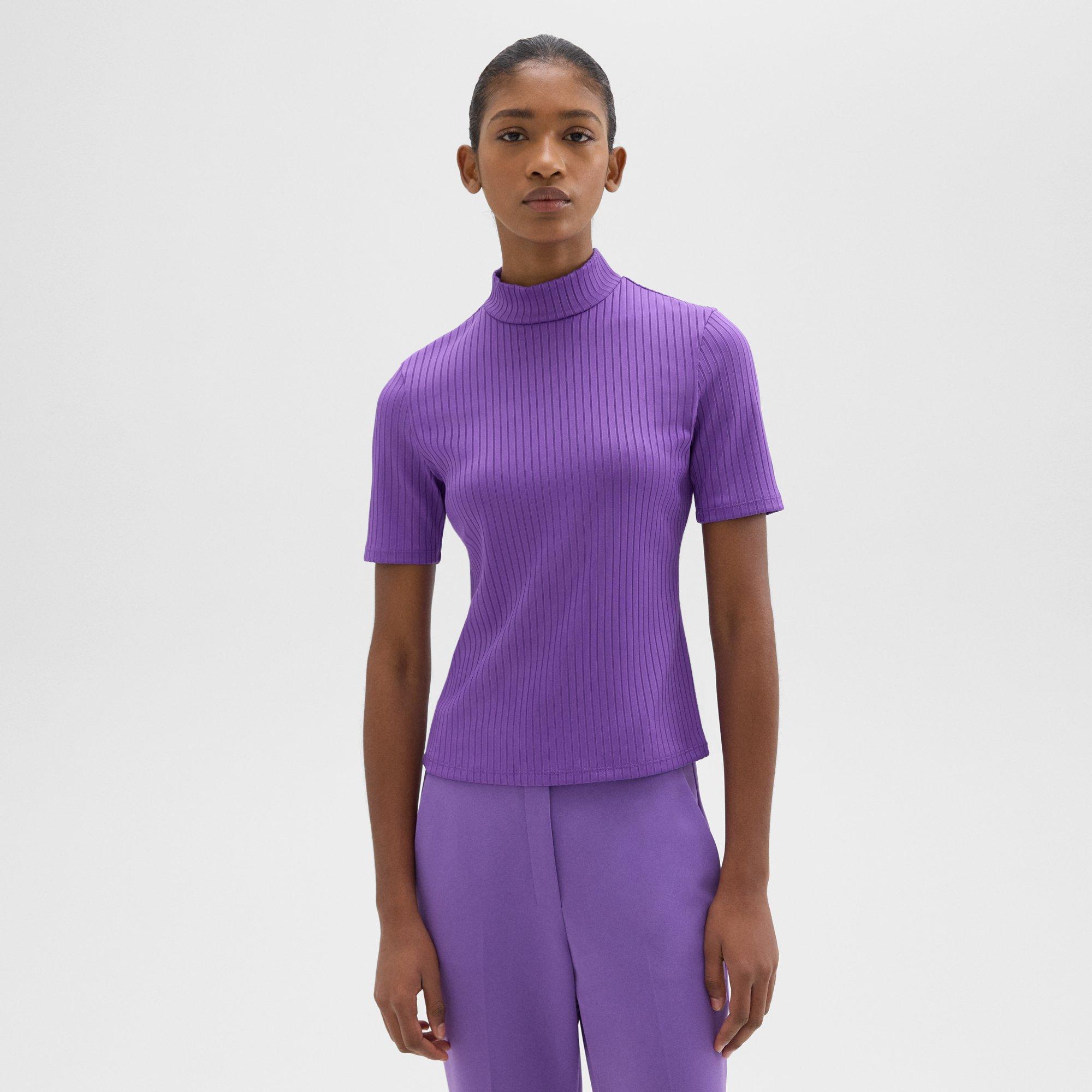 띠어리 Theory Mock Neck Short-Sleeve Top in Rib Knit,BRIGHT PEONY