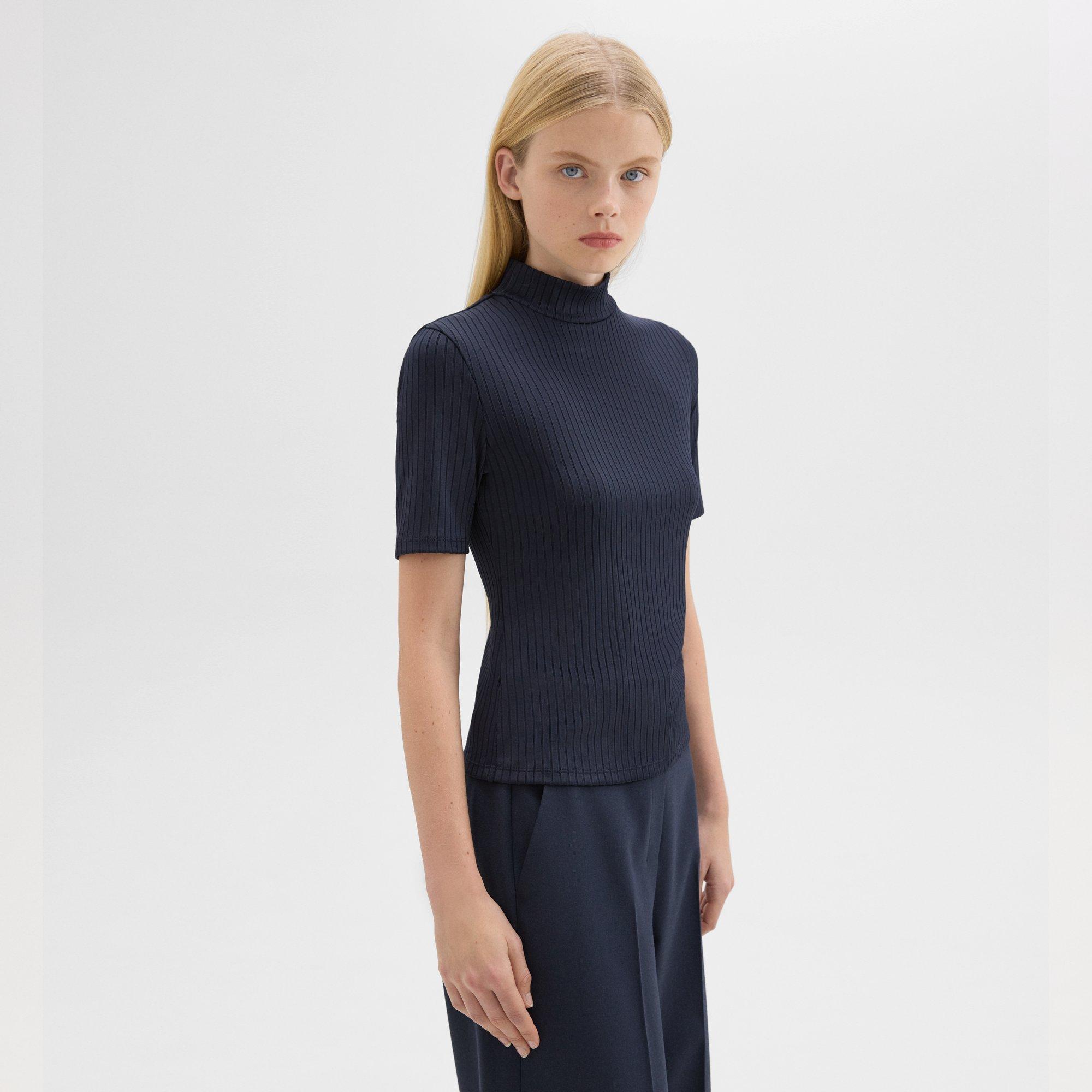 Mock Neck Short-Sleeve Top in Rib Knit