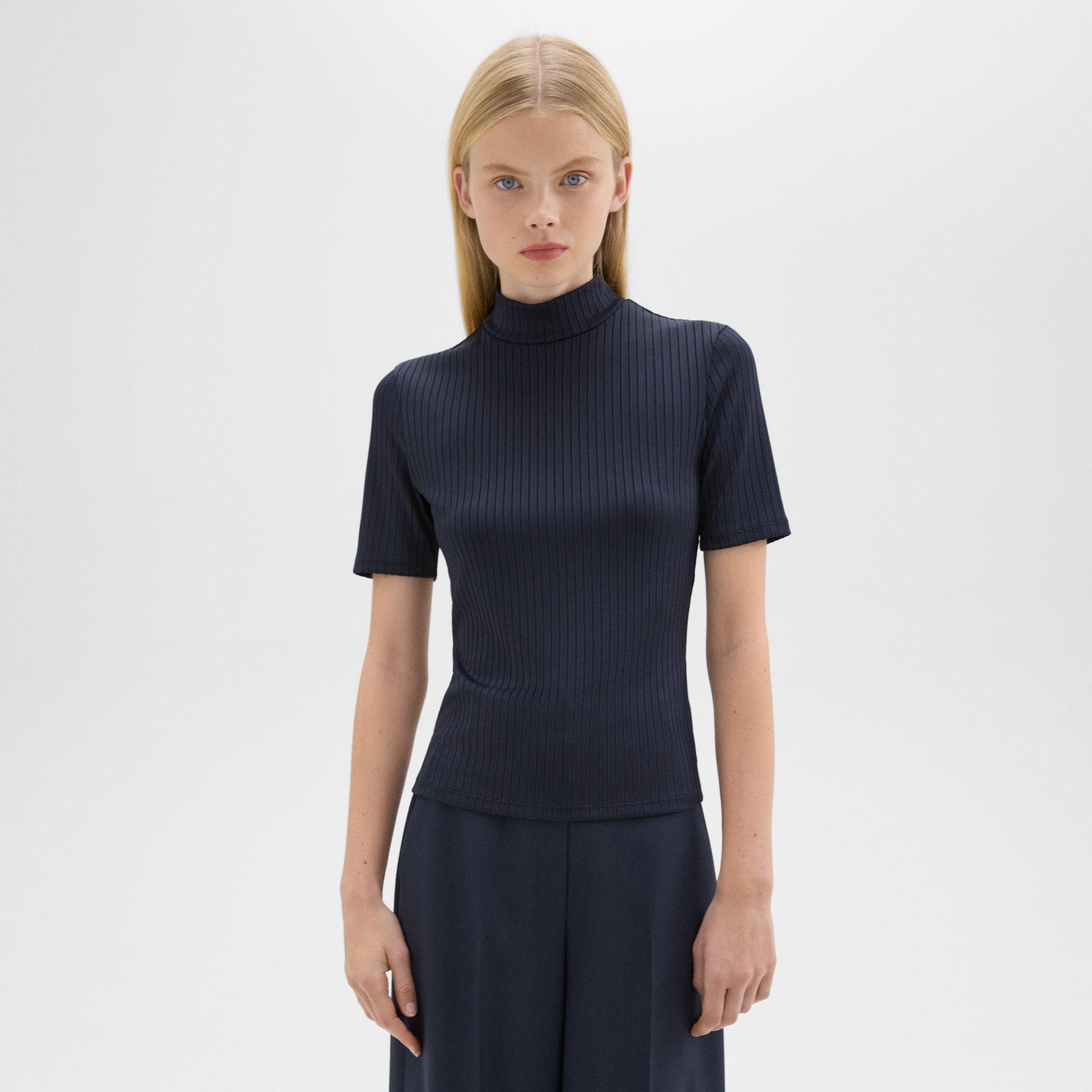 띠어리 Theory Mock Neck Short-Sleeve Top in Rib Knit,NOCTURNE NAVY