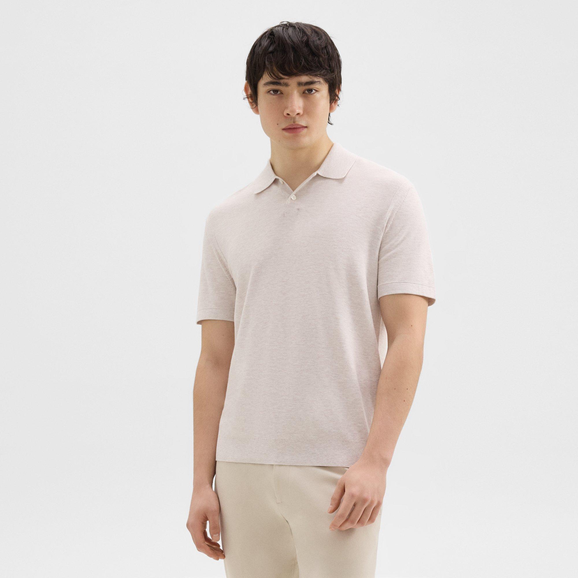 띠어리 Theory Goris Pique Polo Shirt in Light Bilen,MELANGE IVORY