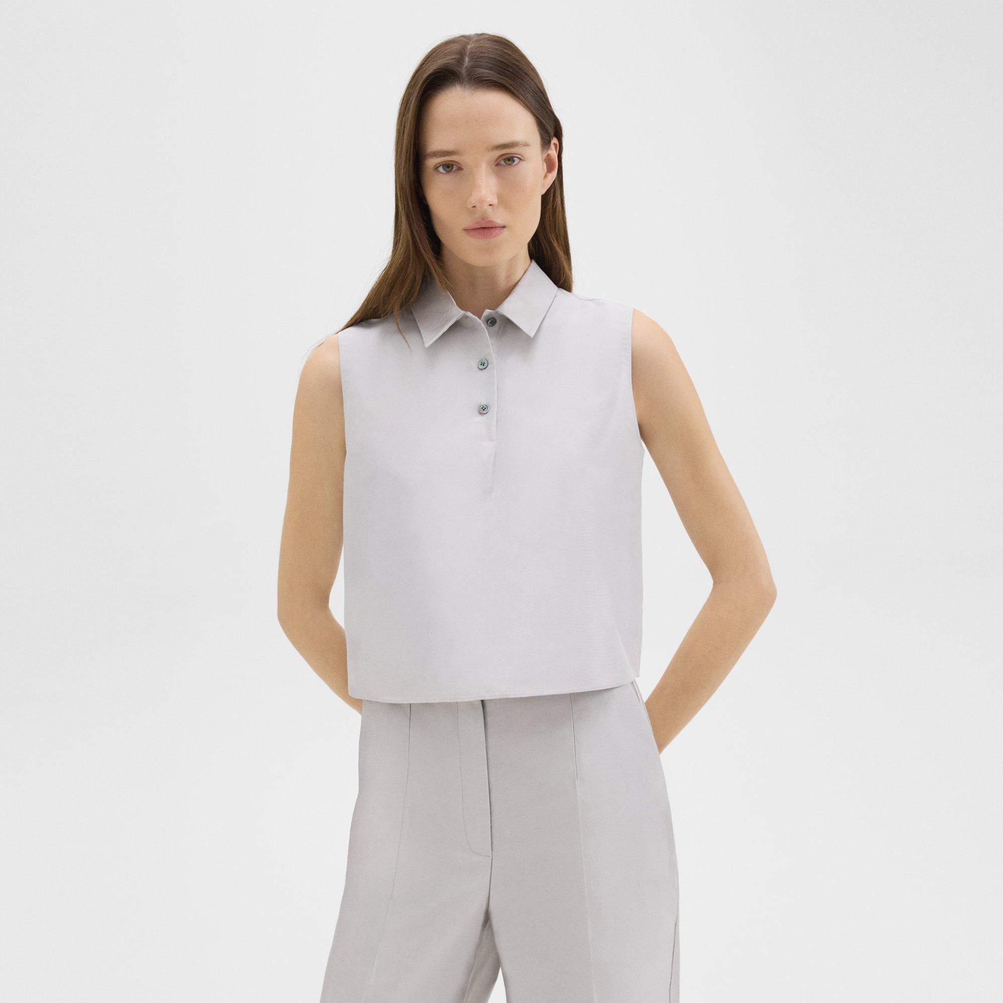 Cropped Sleeveless Polo in Metallic Silk Twill