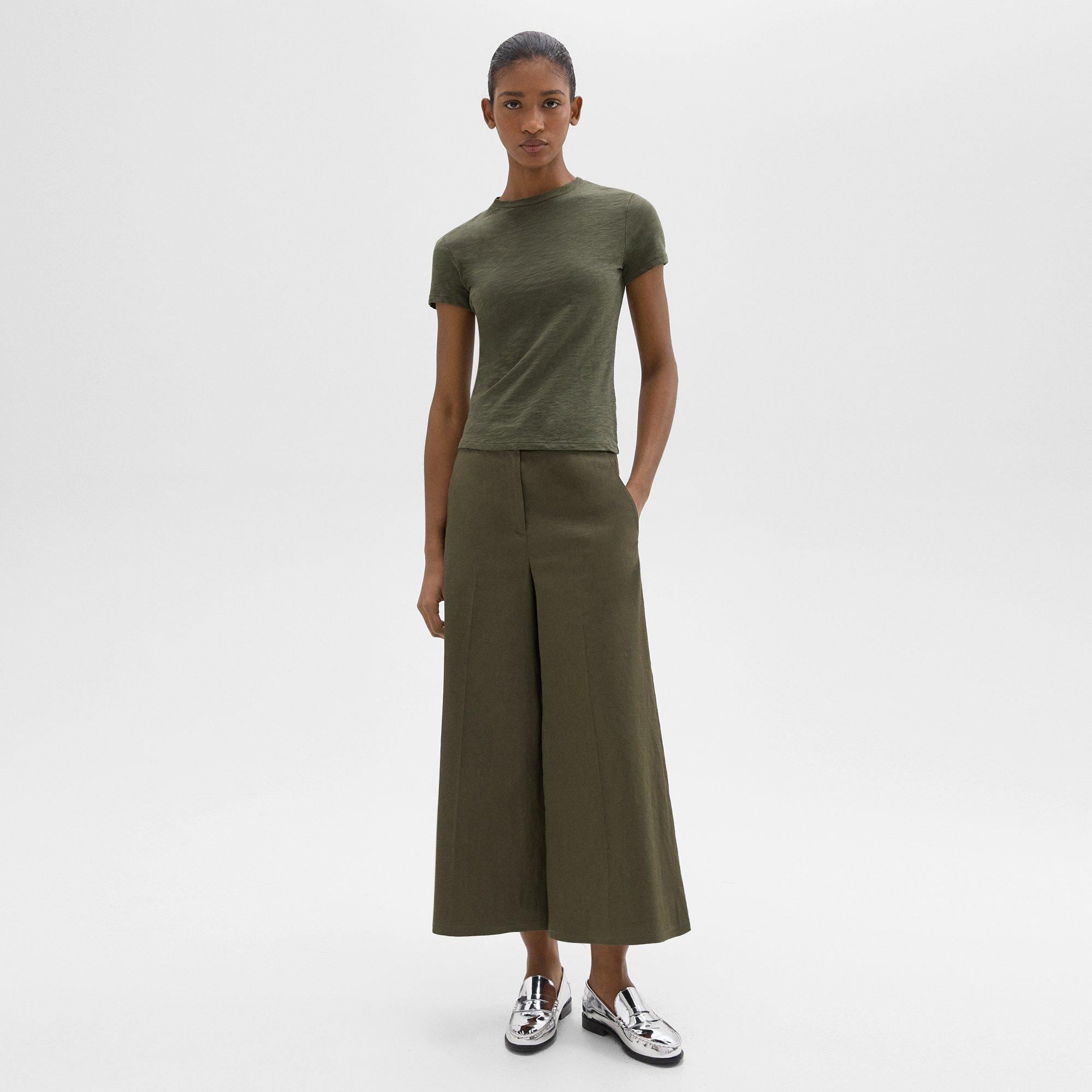 띠어리 Theory Cropped Wide-Leg Pant in Good Linen,DARK OLIVE