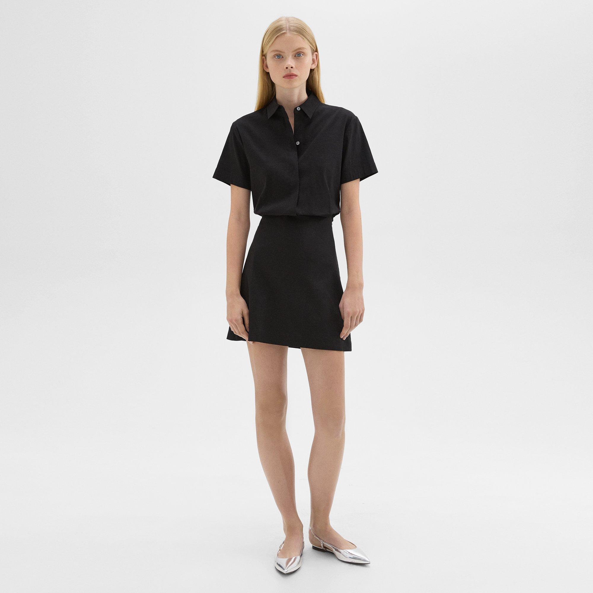 띠어리 Theory Short-Sleeve A-Line Dress in Good Linen,BLACK