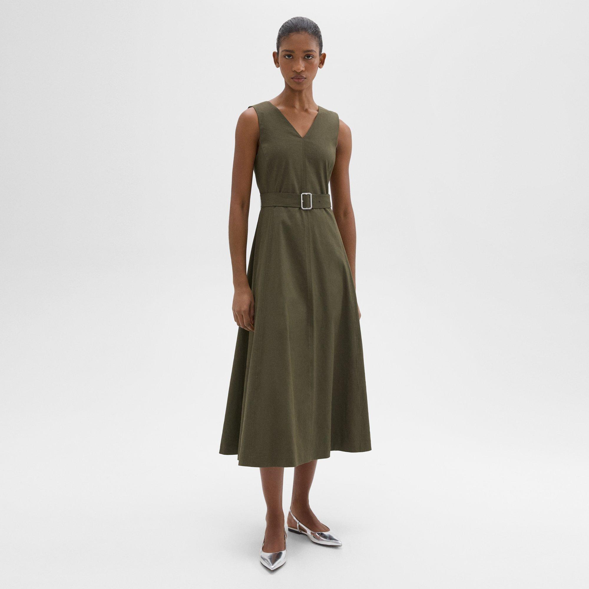 띠어리 Theory V-Neck Volume Dress in Good Linen,DARK OLIVE