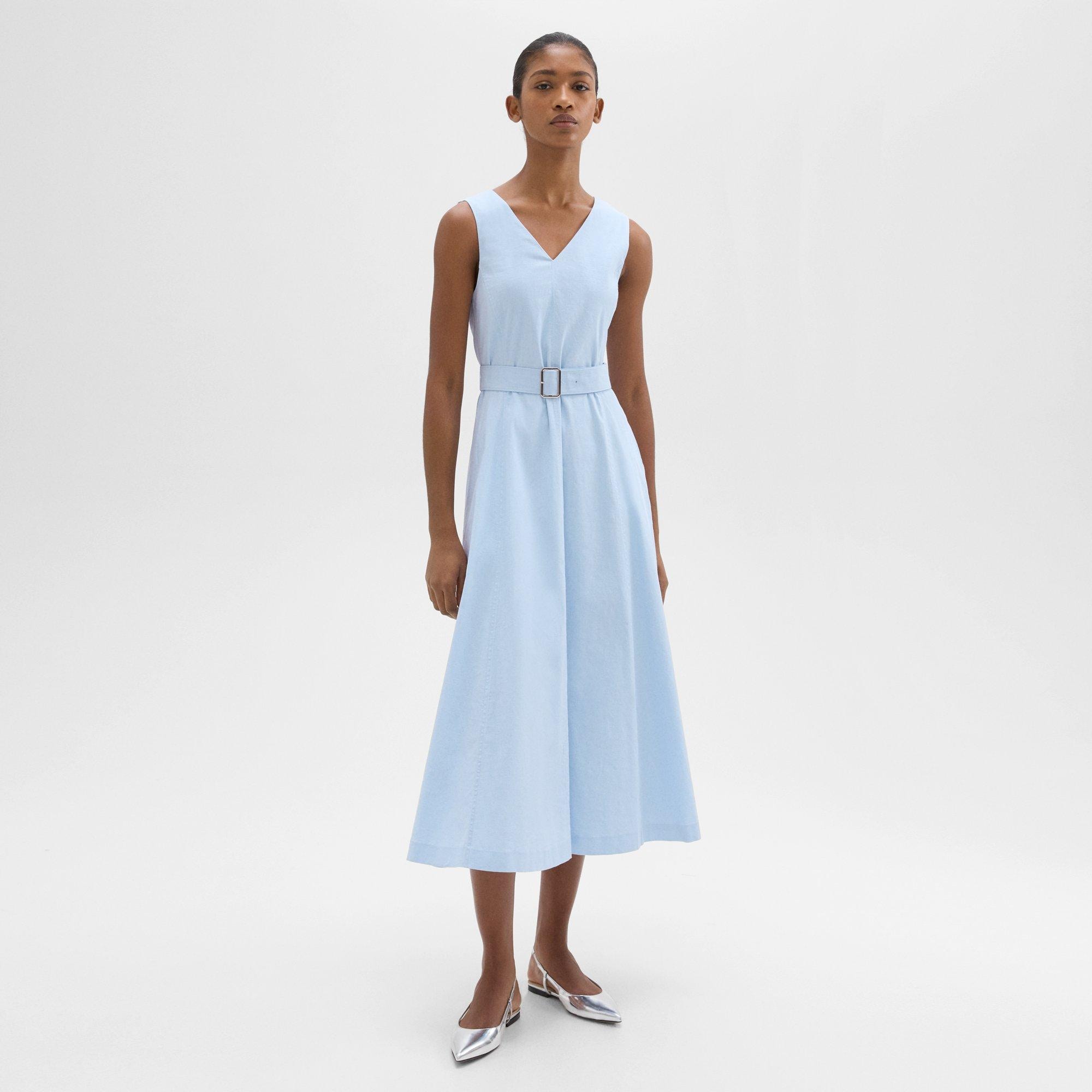 띠어리 Theory V-Neck Volume Dress in Good Linen,SKYLIGHT