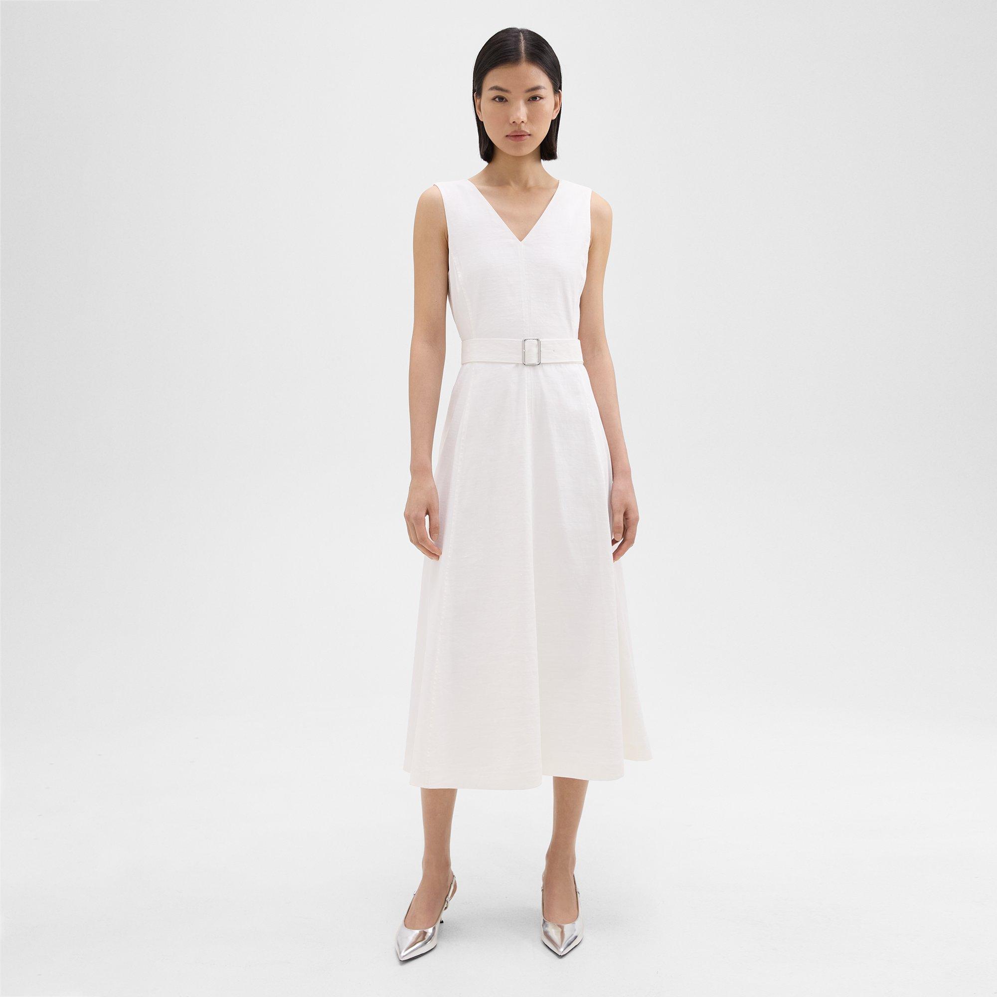 띠어리 Theory V-Neck Volume Dress in Good Linen,WHITE