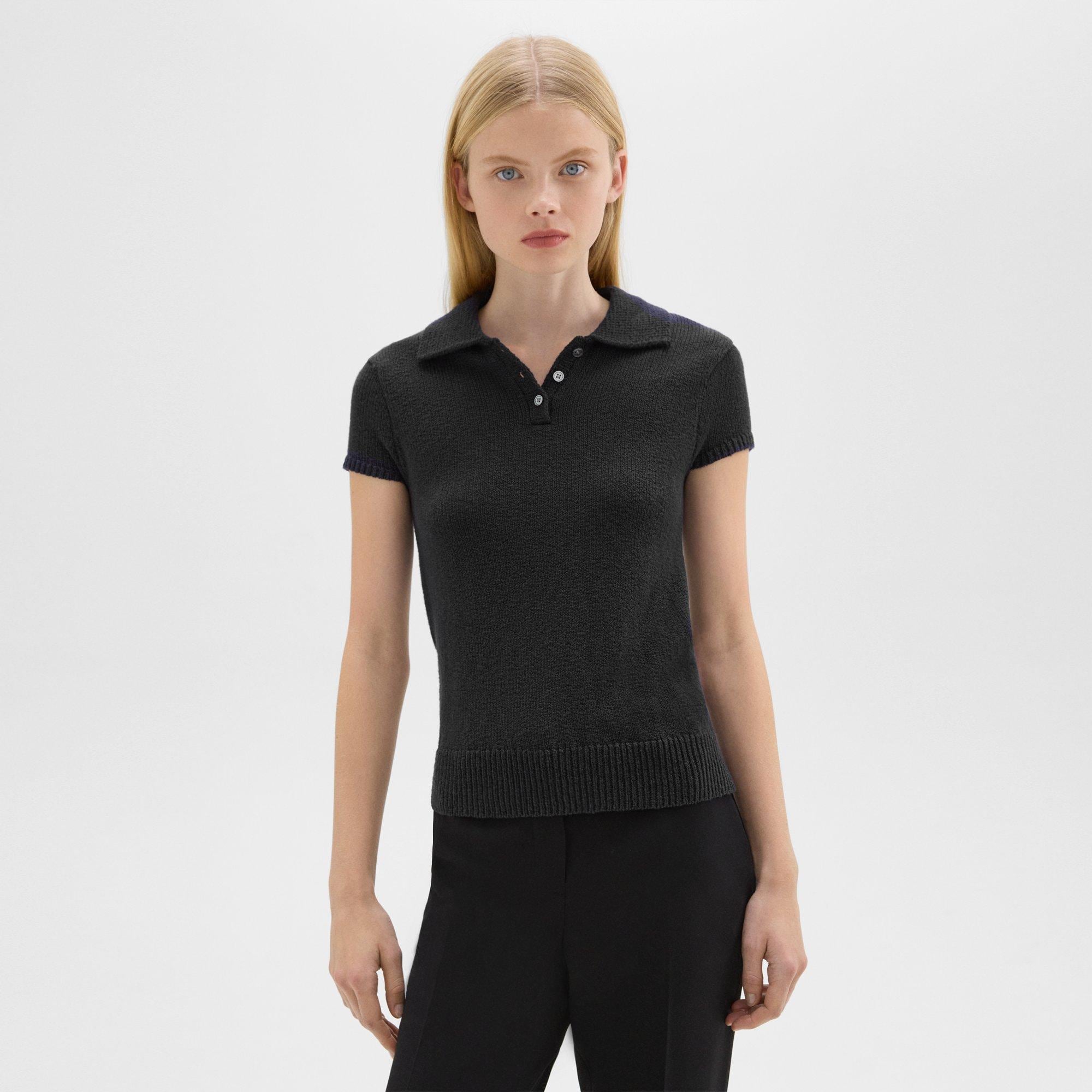 띠어리 Theory Cap Sleeve Polo in Cotton-Wool Boucle,BLACK