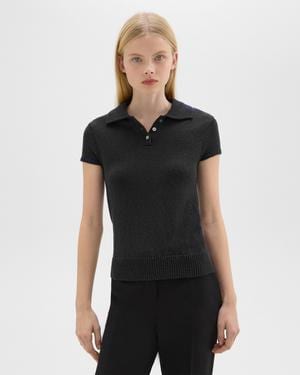 띠어리 Theory Cap Sleeve Polo in Cotton-Wool Boucle,BLACK
