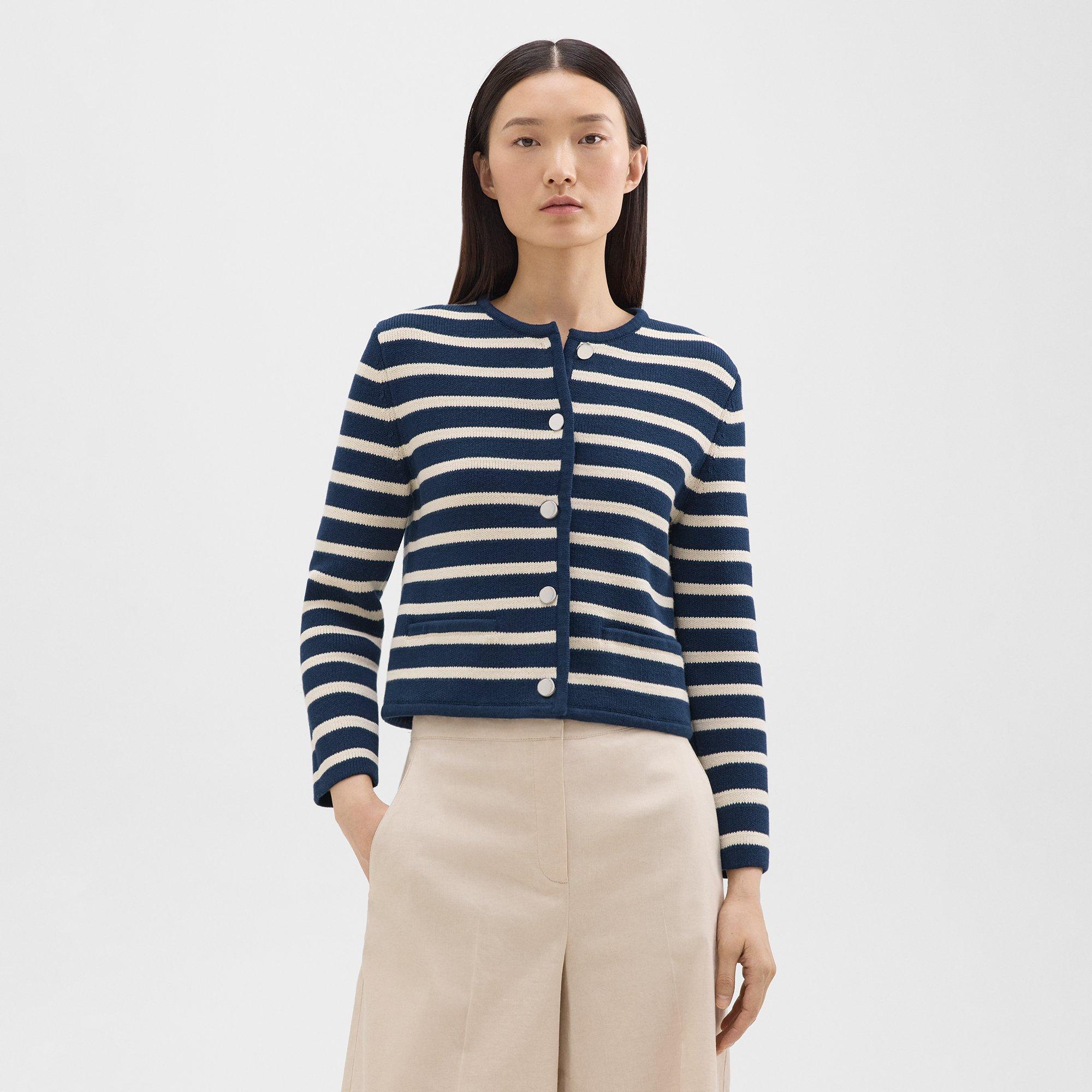 띠어리 Theory Striped Cropped Jacket in Cotton Boucle,BRIGHT NAVY/CREAM