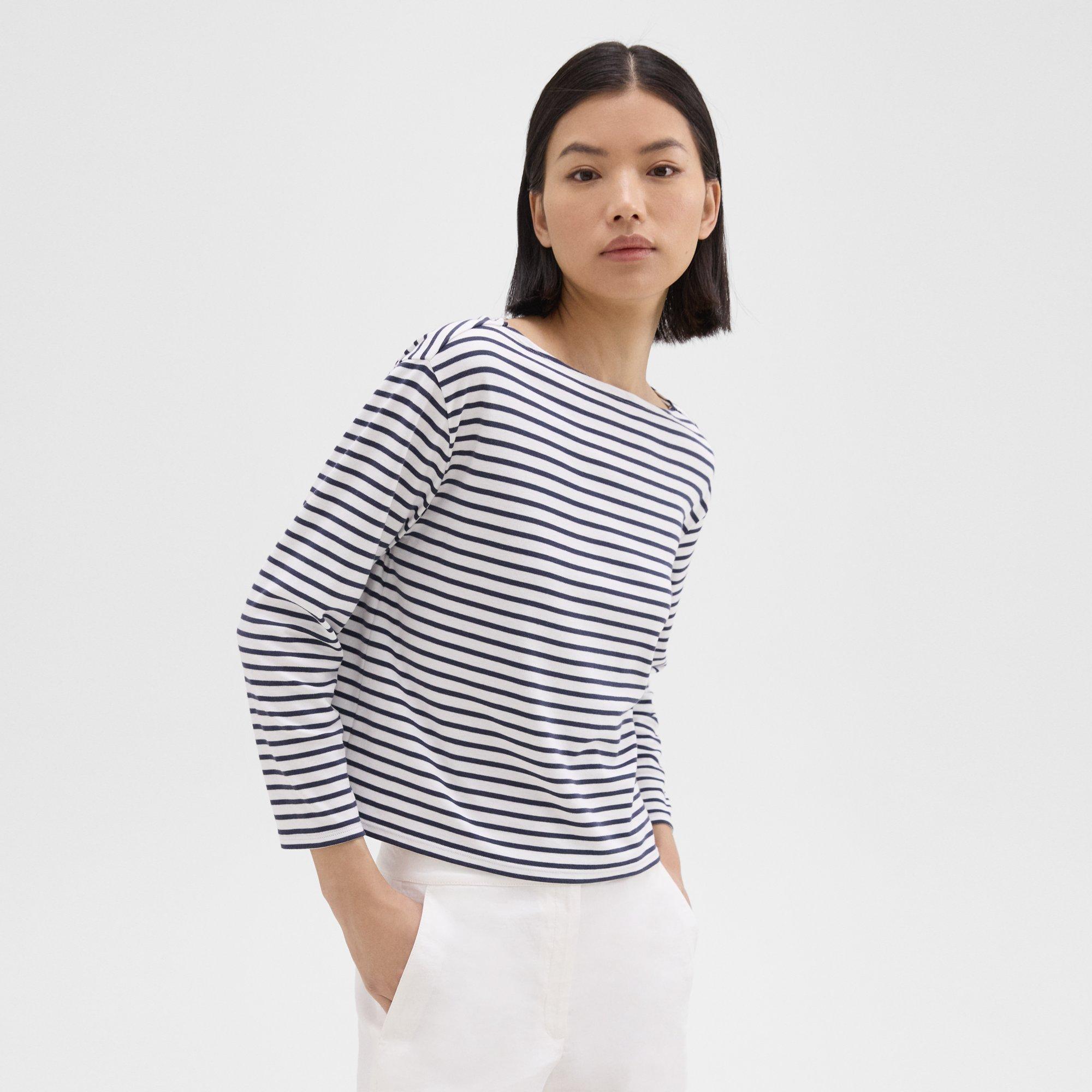 띠어리 Theory Boat Neck Tee in Striped Cotton Jersey,NAVY MULTI