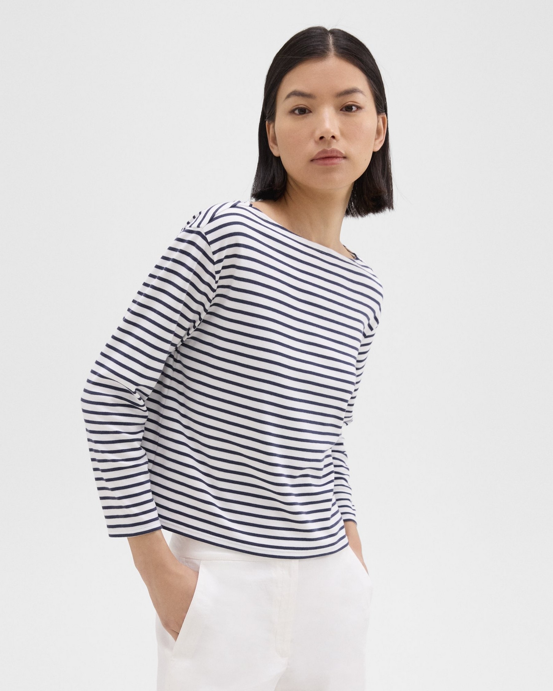 Boat Neck Tee in Striped Cotton Jersey